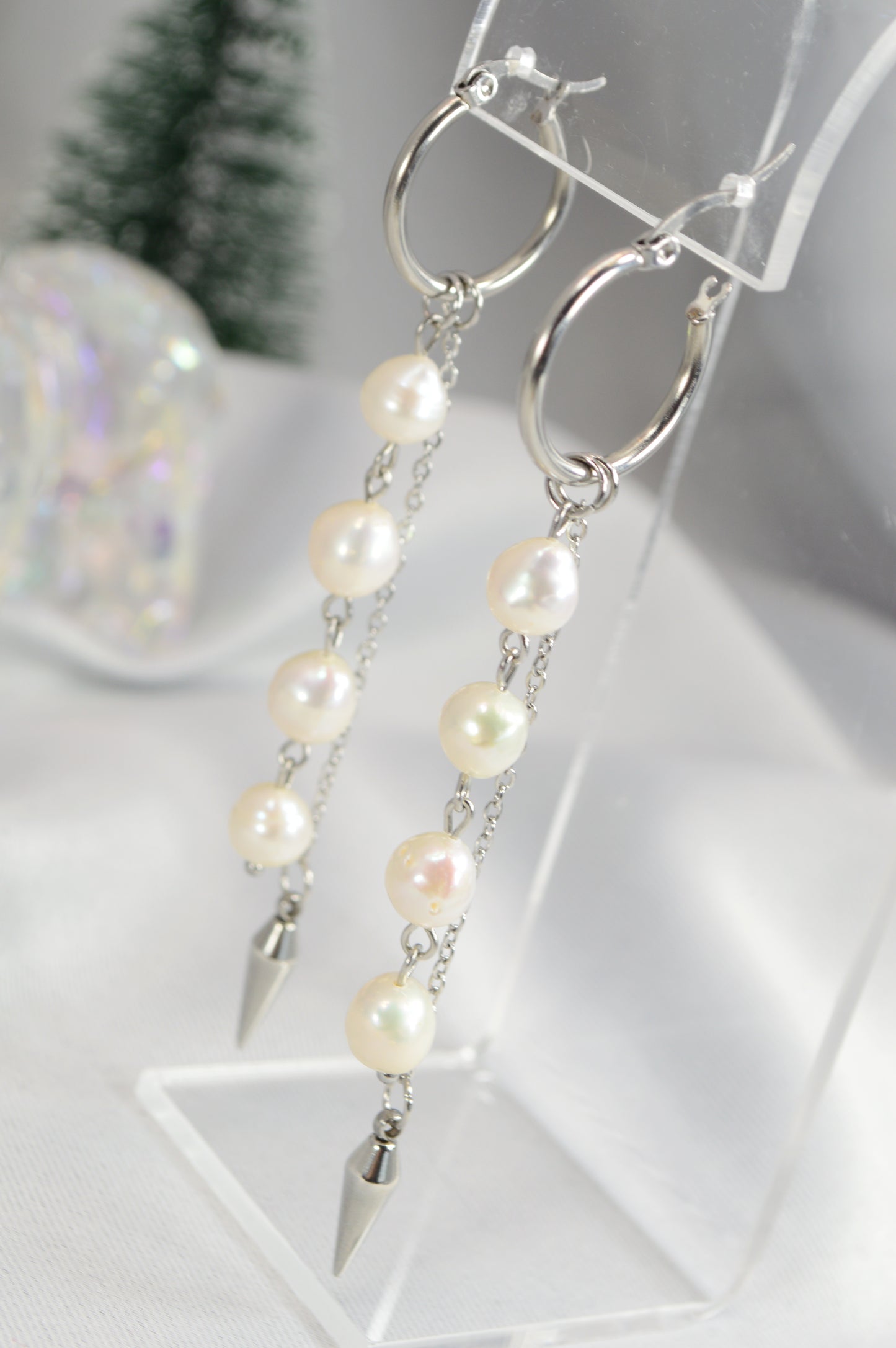 Baroque Pearl Drop Hoop Earrings – Silver & Gold Variants 10cm 4"