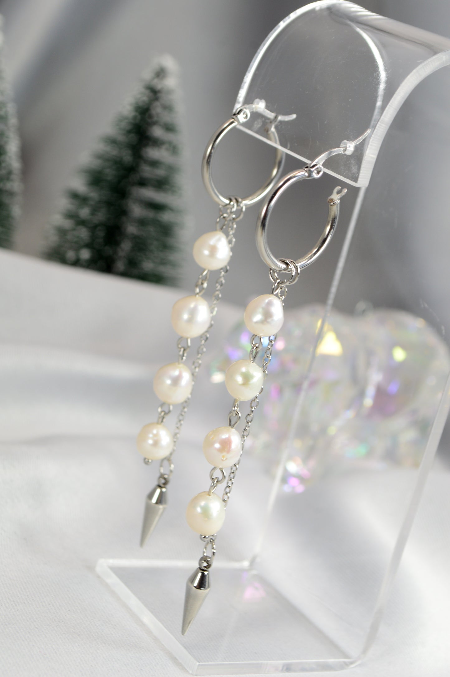 Baroque Pearl Drop Hoop Earrings – Silver & Gold Variants 10cm 4"
