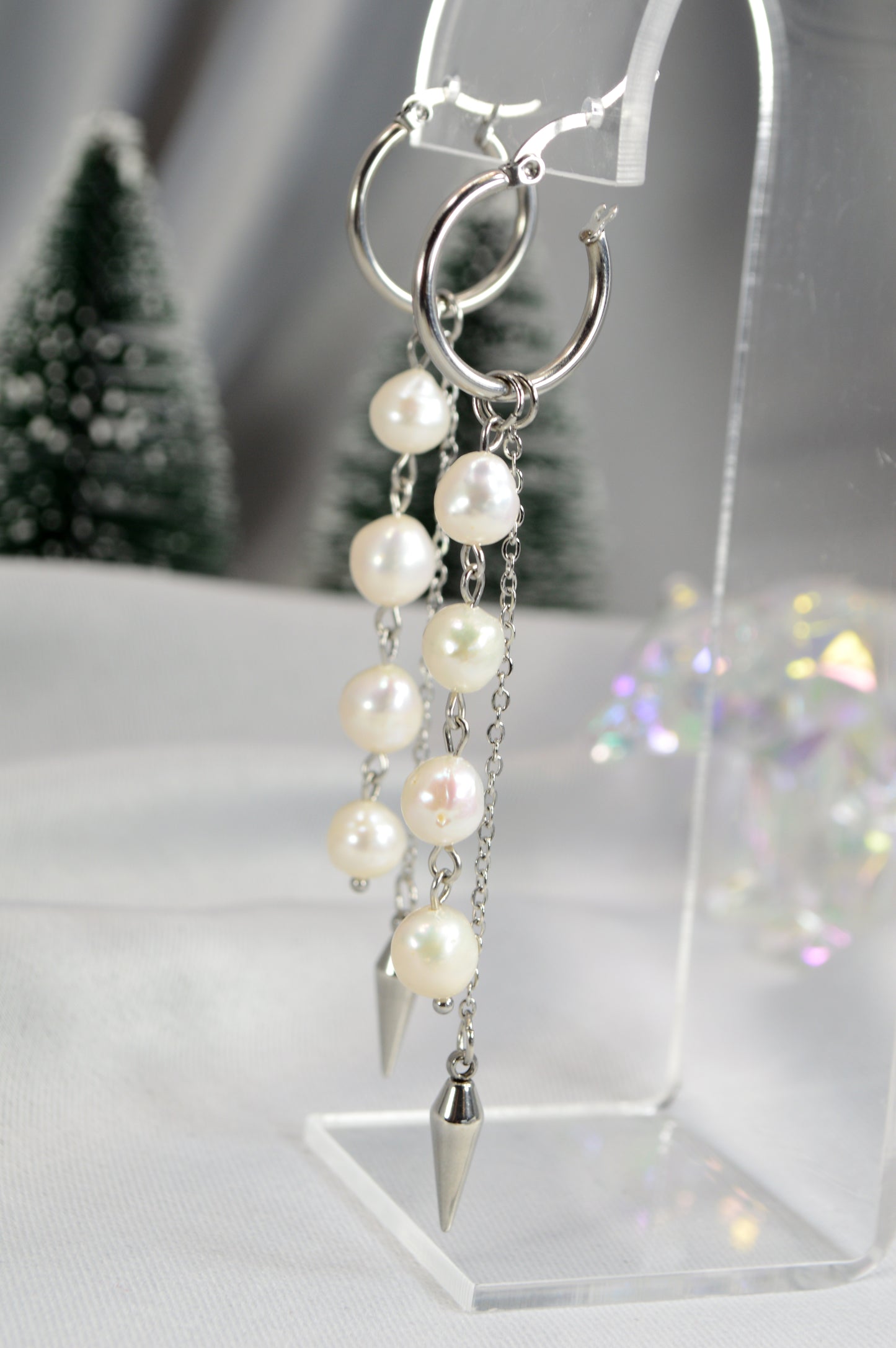 Baroque Pearl Drop Hoop Earrings – Silver & Gold Variants 10cm 4"