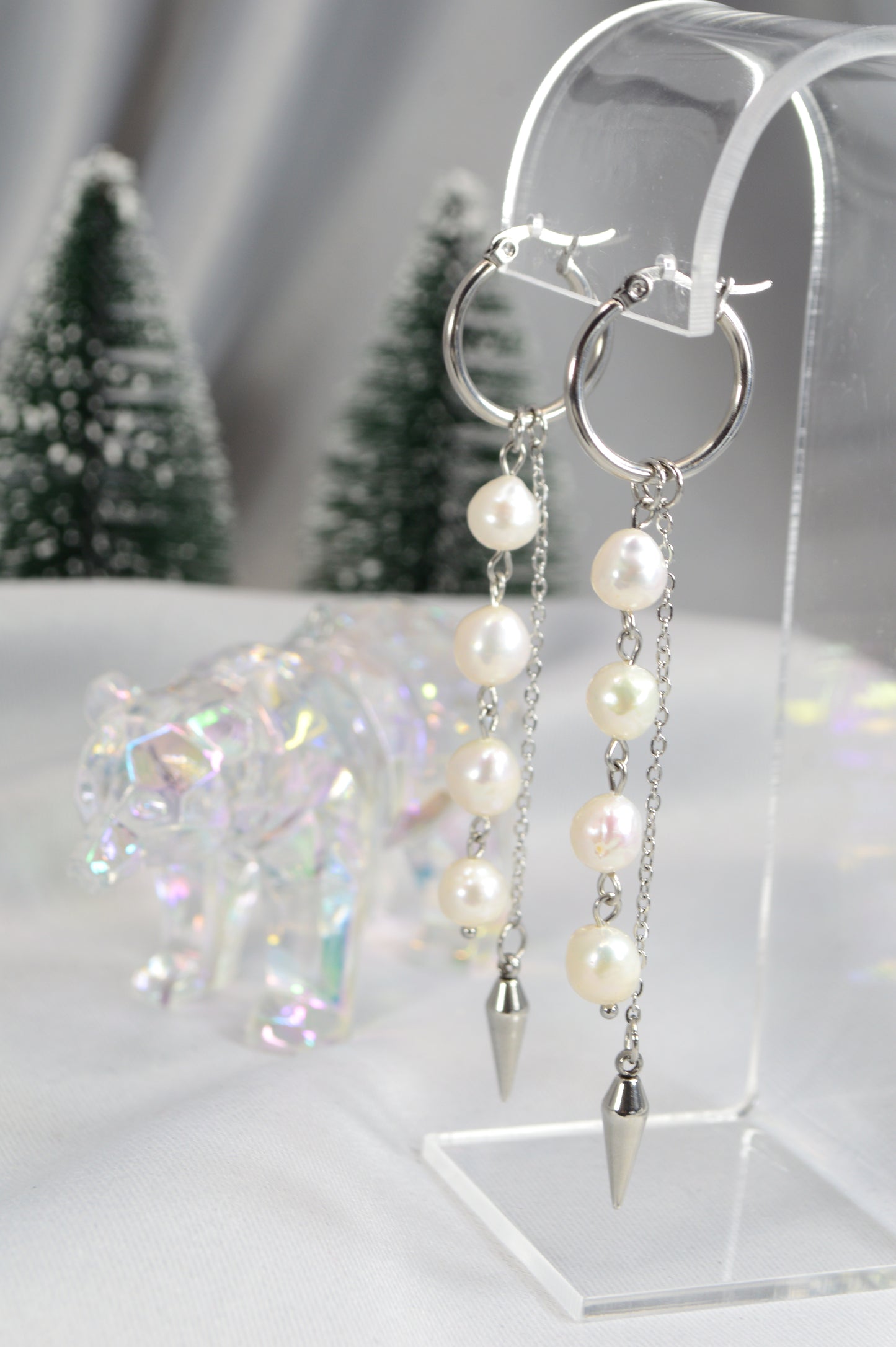 Baroque Pearl Drop Hoop Earrings – Silver & Gold Variants 10cm 4"