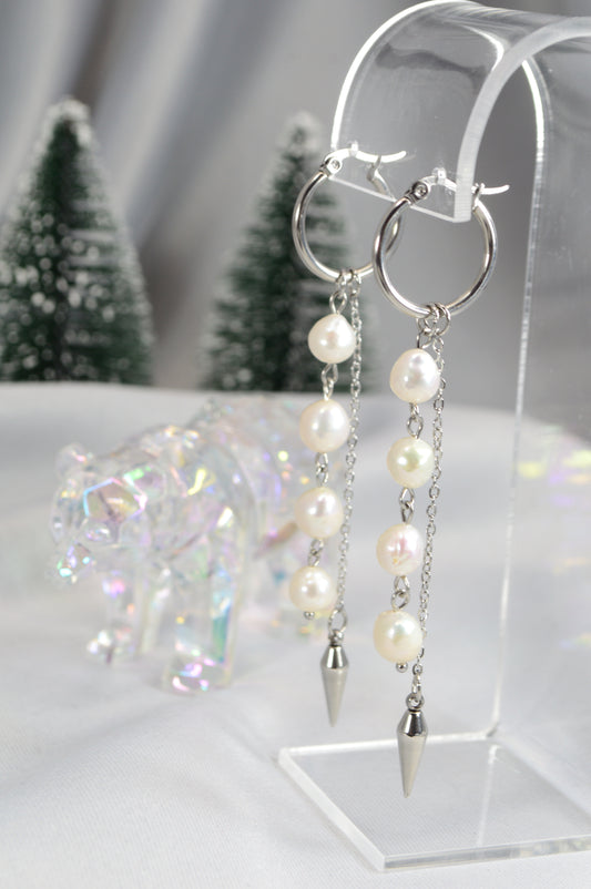 Baroque Pearl Drop Hoop Earrings – Silver & Gold Variants 10cm 4"