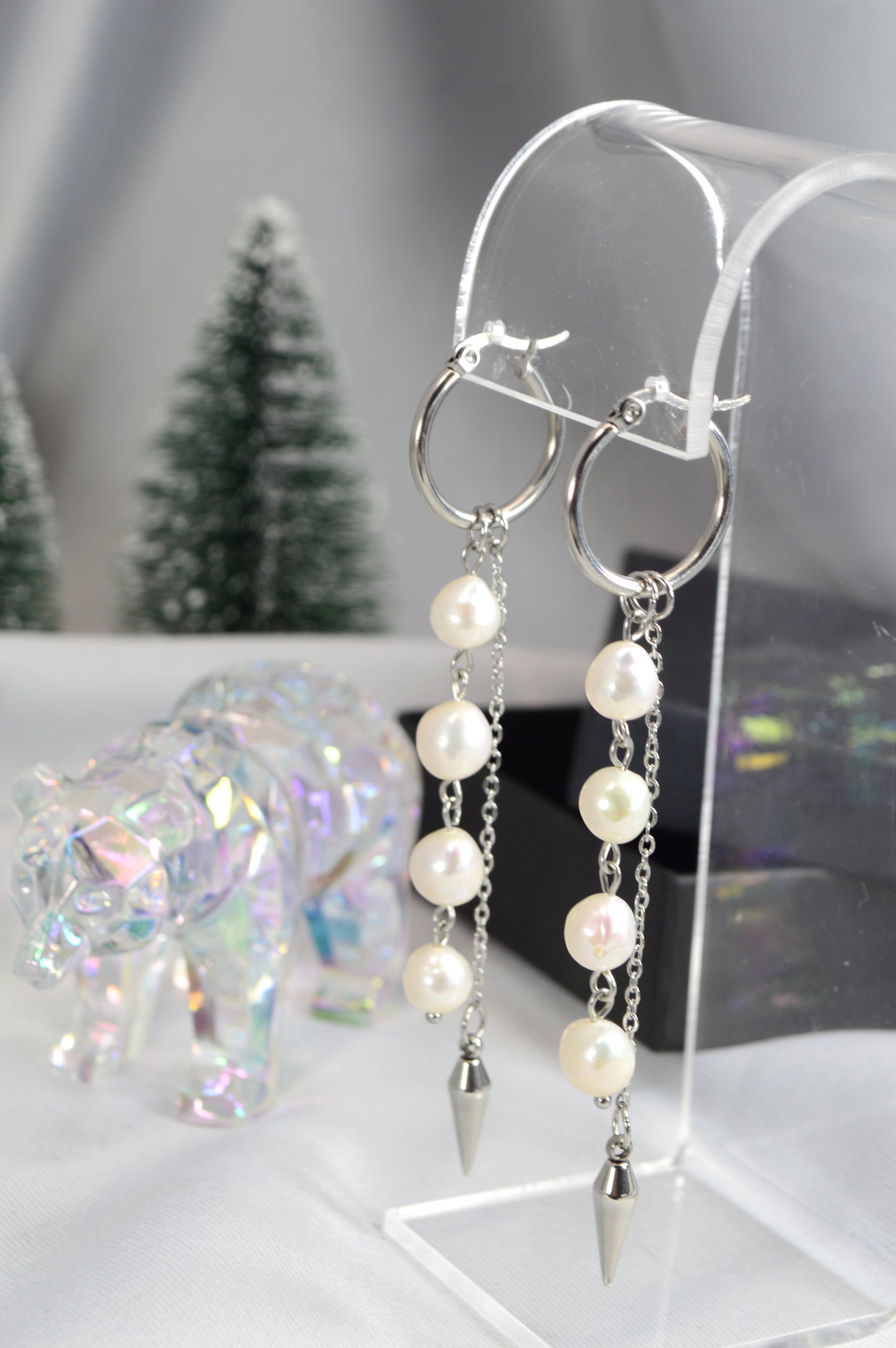 Baroque Pearl Drop Hoop Earrings – Silver & Gold Variants 10cm 4"