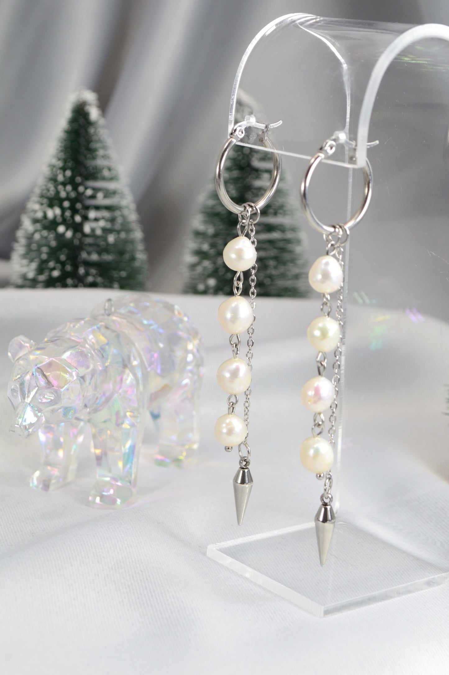 Baroque Pearl Drop Hoop Earrings – Silver & Gold Variants 10cm 4"