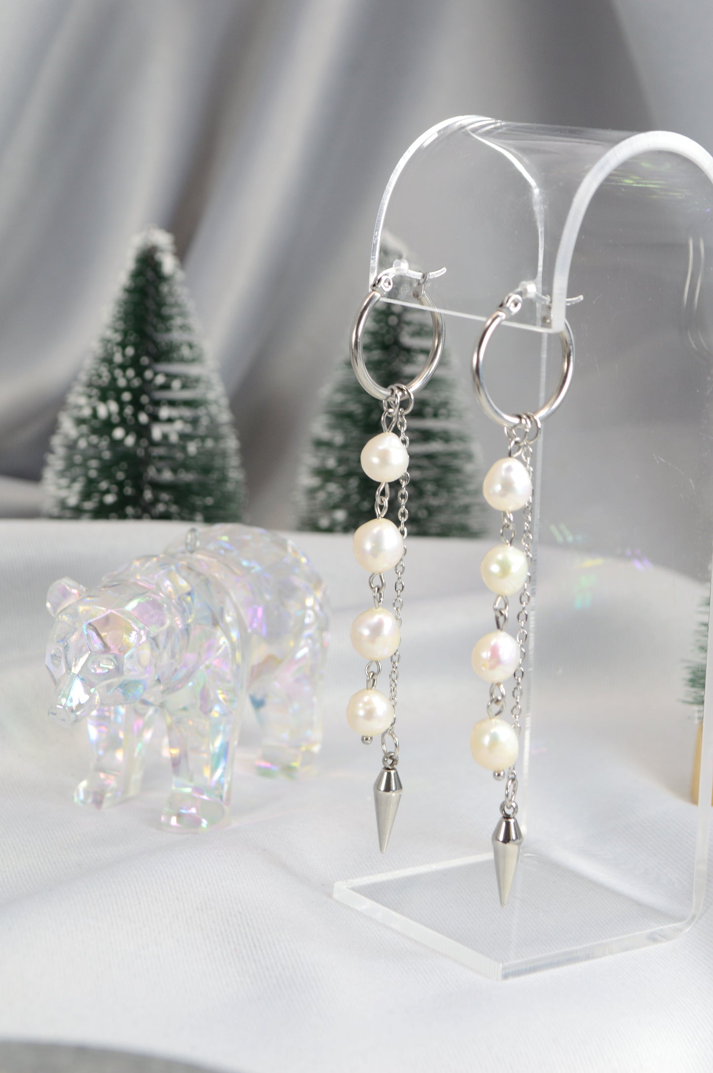 Baroque Pearl Drop Hoop Earrings – Silver & Gold Variants 10cm 4"