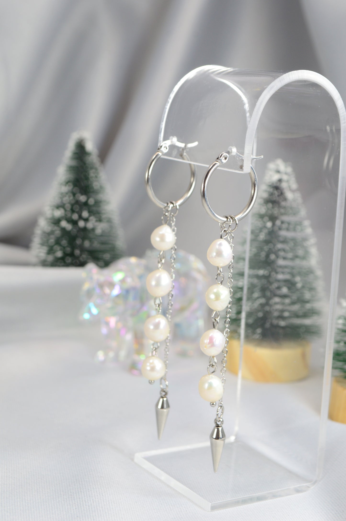 Baroque Pearl Drop Hoop Earrings – Silver & Gold Variants 10cm 4"