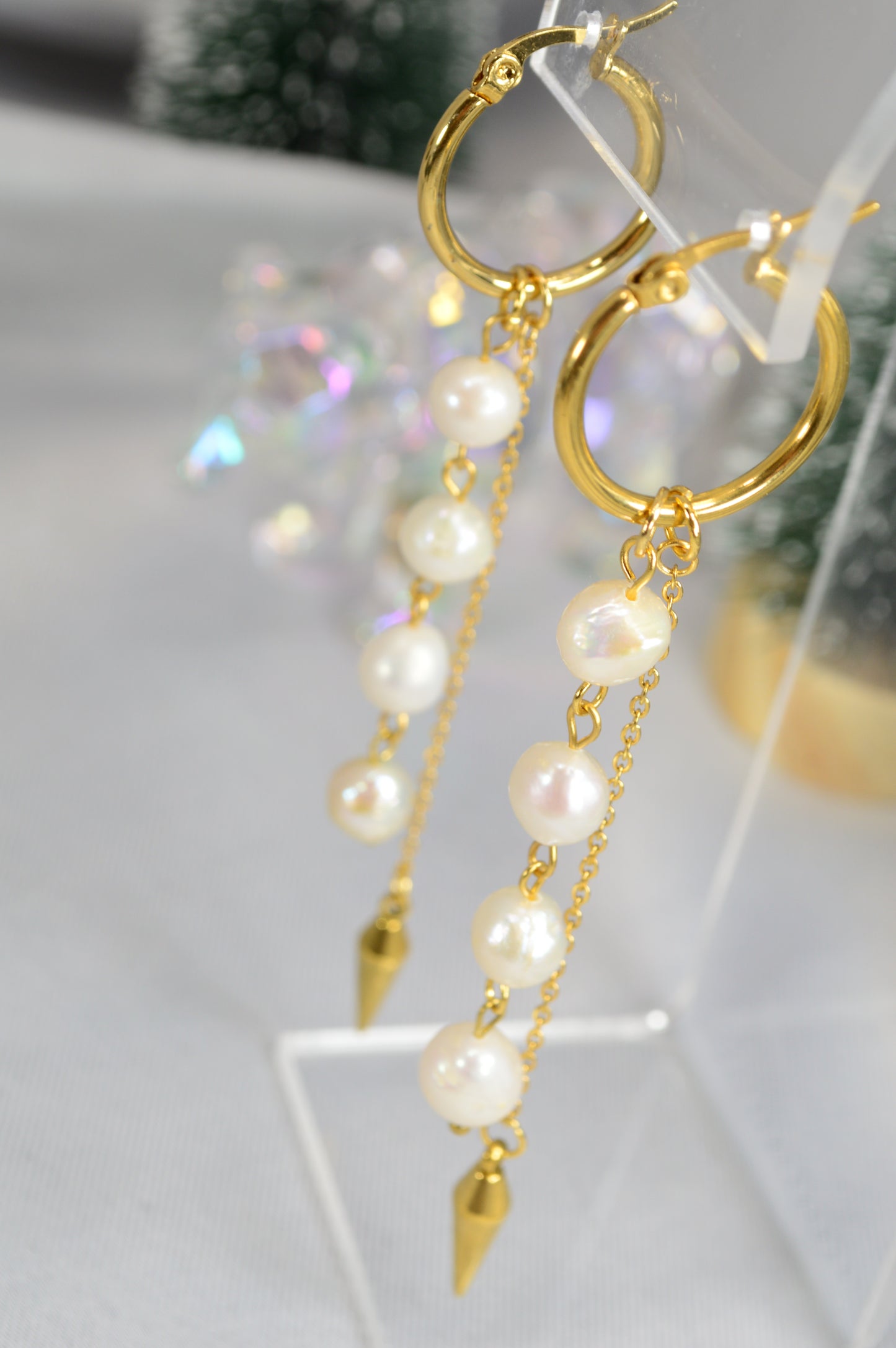 Baroque Pearl Drop Hoop Earrings – Silver & Gold Variants 10cm 4"