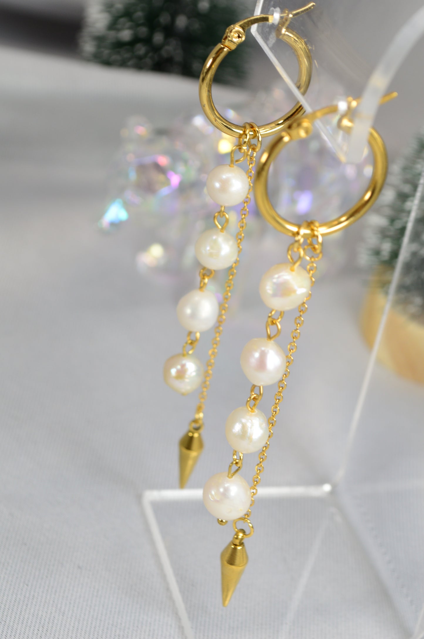Baroque Pearl Drop Hoop Earrings – Silver & Gold Variants 10cm 4"