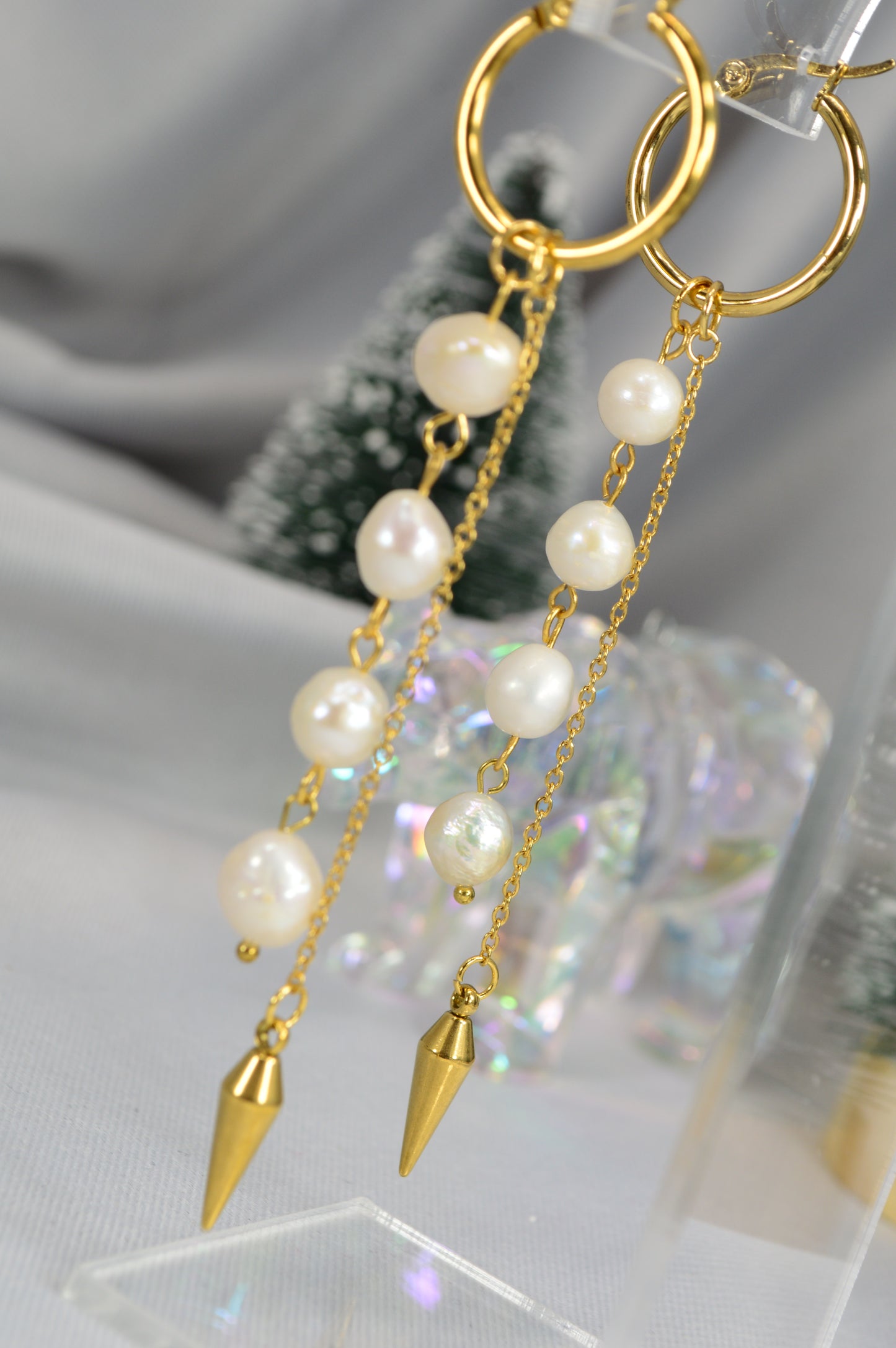 Baroque Pearl Drop Hoop Earrings – Silver & Gold Variants 10cm 4"