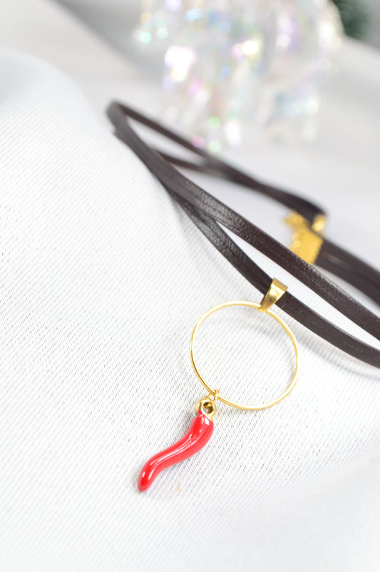 Leather Choker with Red Chili Pendant — Bold, Minimal, Italian-Inspired
