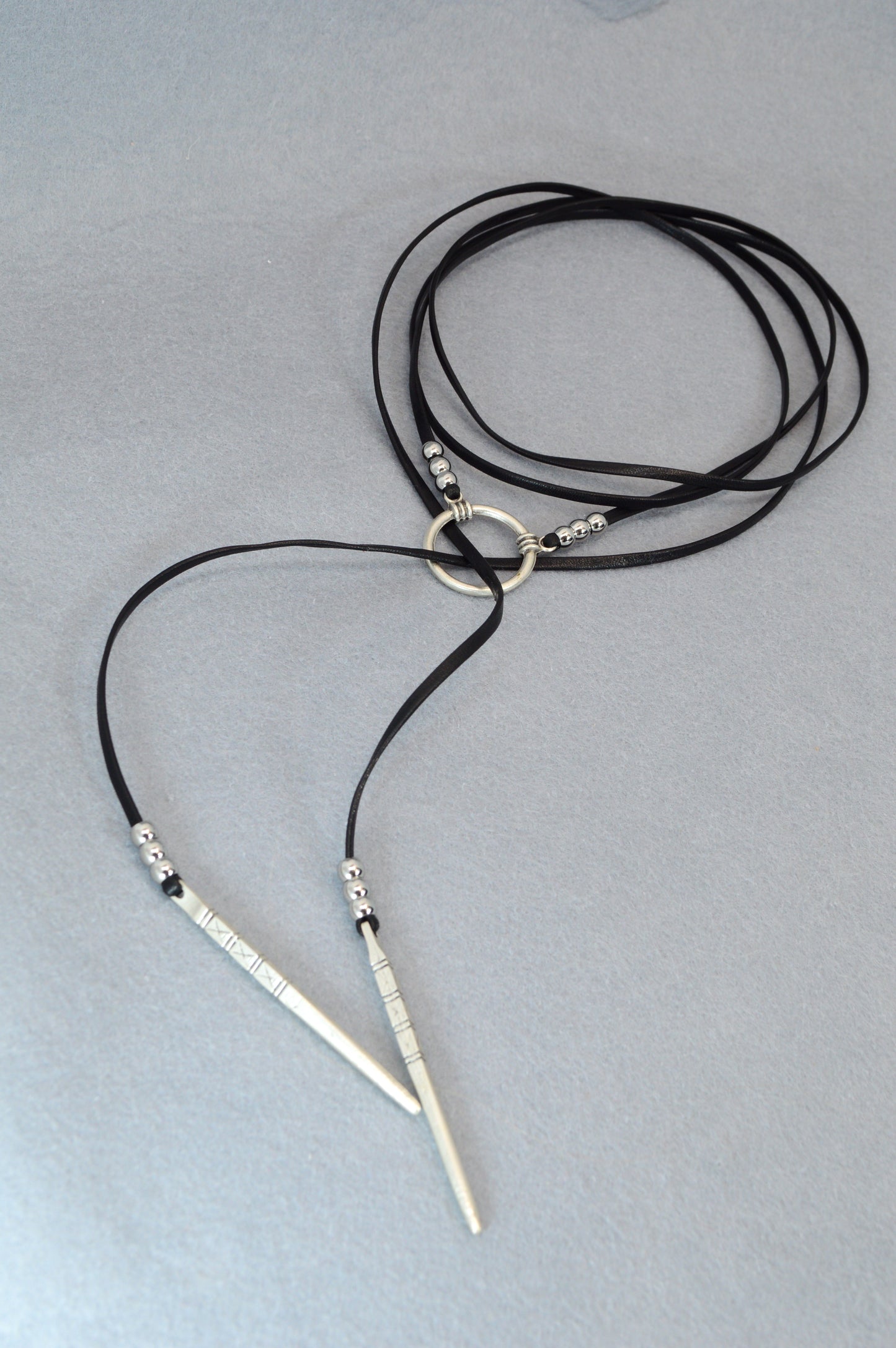 Black Leather Choker Necklace with Silver Ring – Adjustable Wrap, Boho Punk Gothic Minimalist Statement Jewelry, Unisex Trend Fall 2025