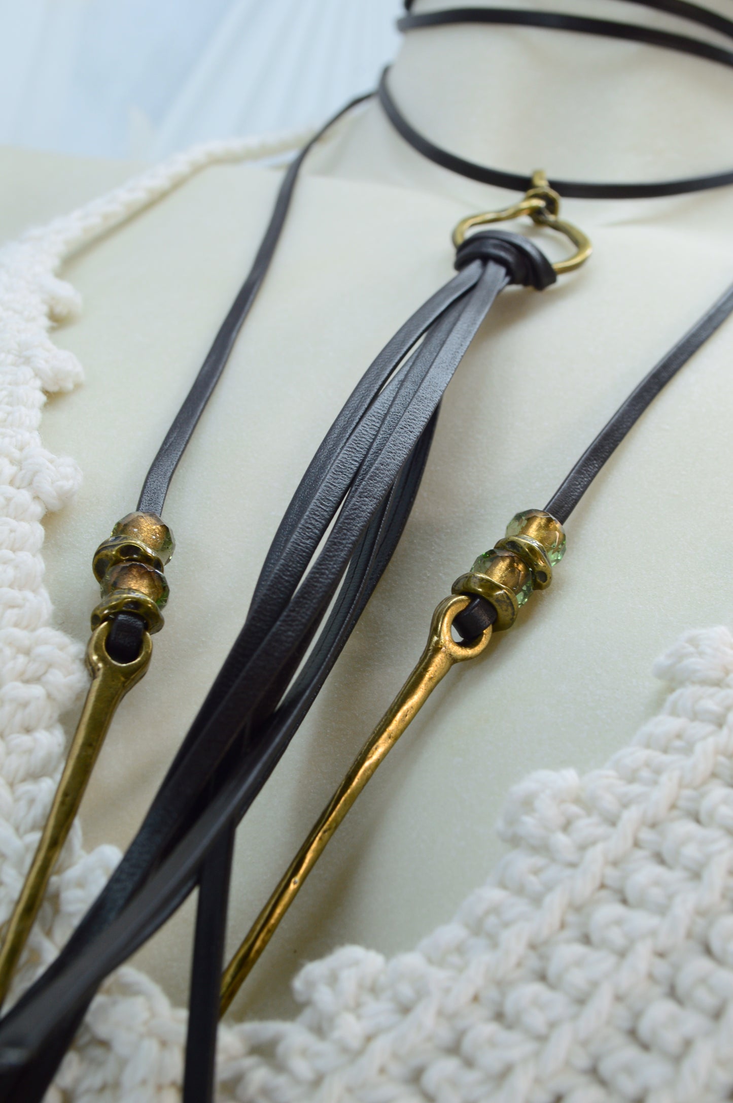 Long Leather Tassel Necklace – Boho Festival Jewelry with Vintage Brass & Glass Beads – Statement Wrap Necklace, Western Boho Rock Style