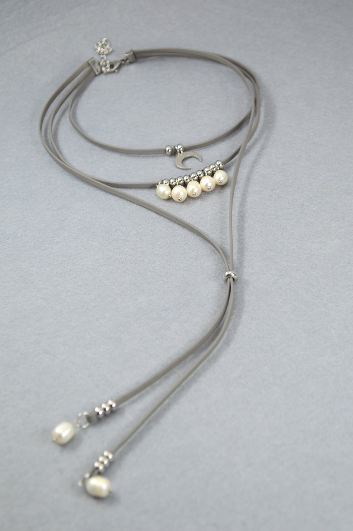 Pearl Grey Leather Moon Necklace with Freshwater Pearls – Adjustable Boho Y Choker
