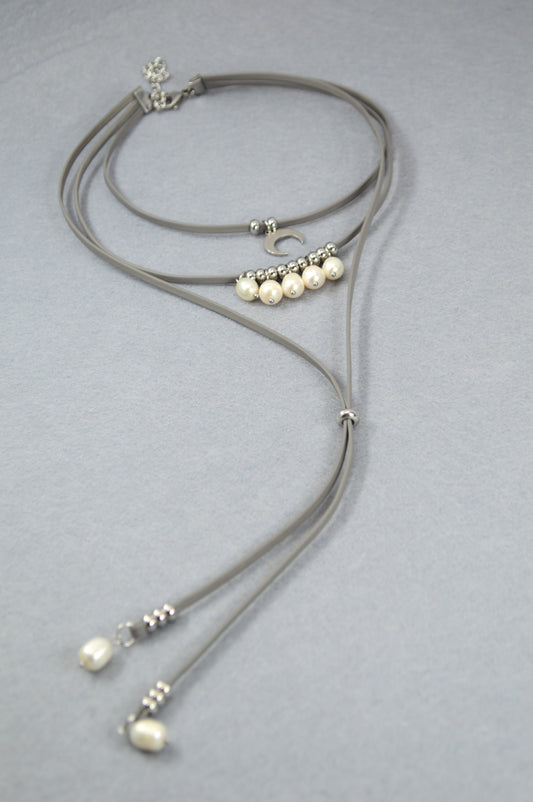 Pearl Grey Leather Moon Necklace with Freshwater Pearls – Adjustable Boho Y Choker