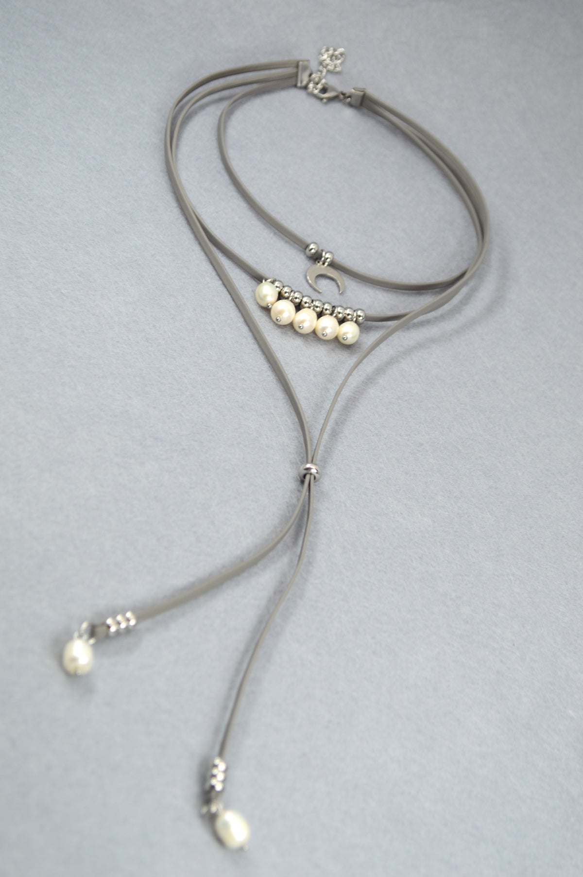 Pearl Grey Leather Moon Necklace with Freshwater Pearls – Adjustable Boho Y Choker