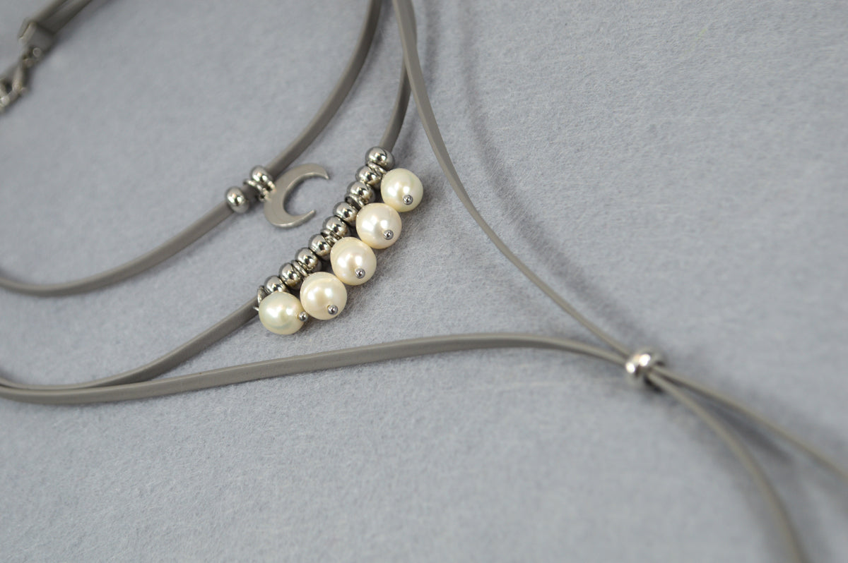 Pearl Grey Leather Moon Necklace with Freshwater Pearls – Adjustable Boho Y Choker