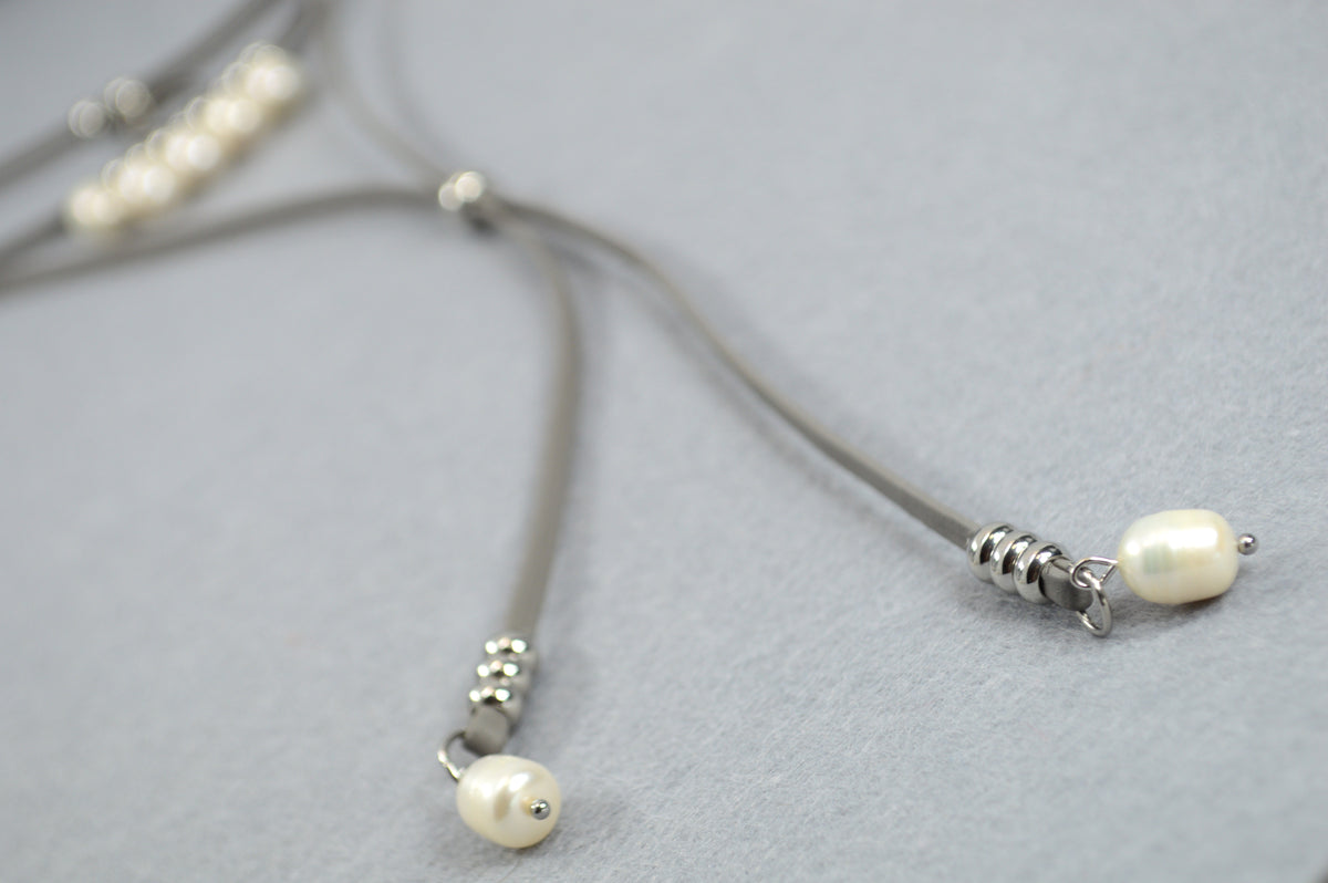 Pearl Grey Leather Moon Necklace with Freshwater Pearls – Adjustable Boho Y Choker