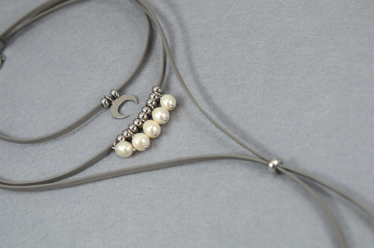 Pearl Grey Leather Moon Necklace with Freshwater Pearls – Adjustable Boho Y Choker