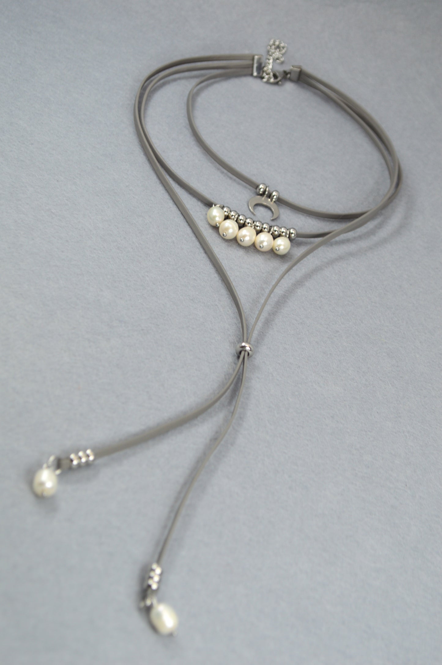 Pearl Grey Leather Moon Necklace with Freshwater Pearls – Adjustable Boho Y Choker