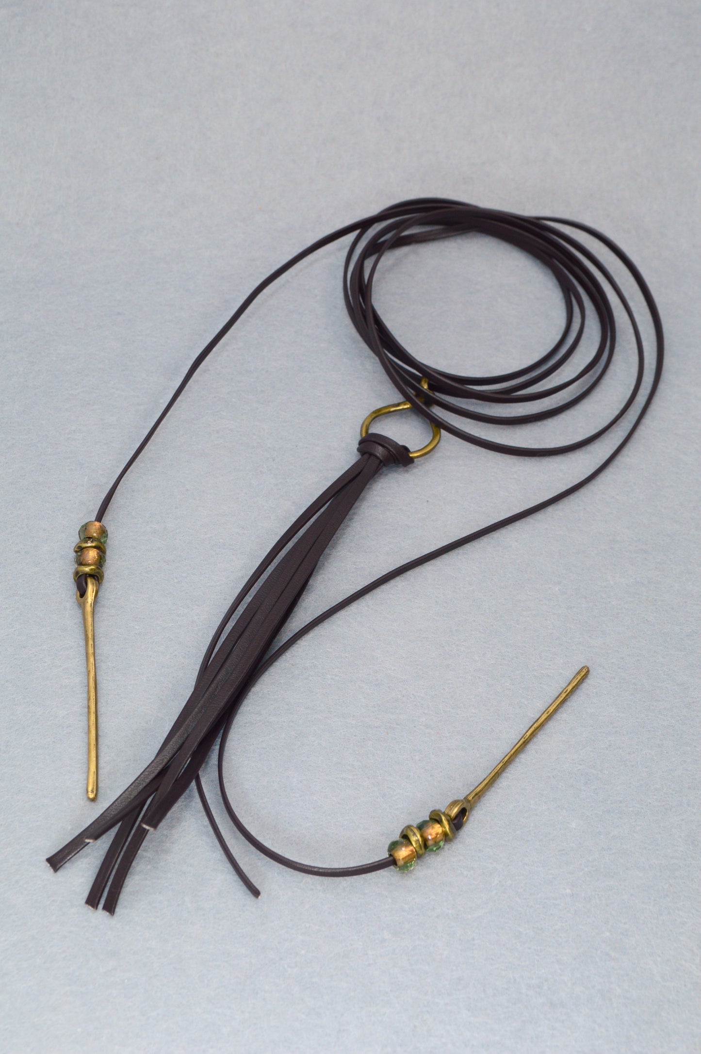 Long Leather Tassel Necklace – Boho Festival Jewelry with Vintage Brass & Glass Beads – Statement Wrap Necklace, Western Boho Rock Style