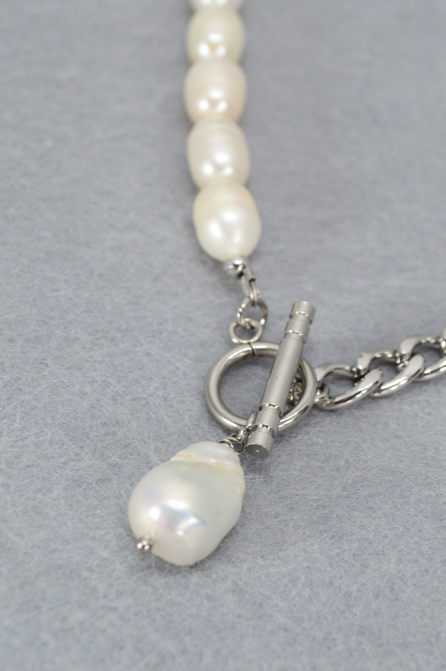 Half Pearl Half Chain Necklace | Asymmetrical Baroque Pearl Pendant | Stainless Steel & Freshwater Pearls