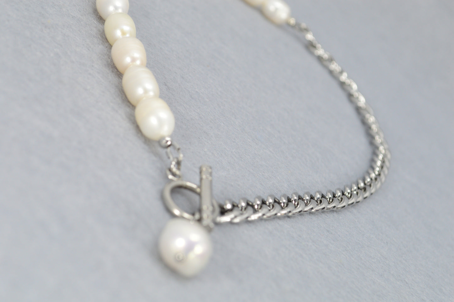 Half Pearl Half Chain Necklace | Asymmetrical Baroque Pearl Pendant | Stainless Steel & Freshwater Pearls
