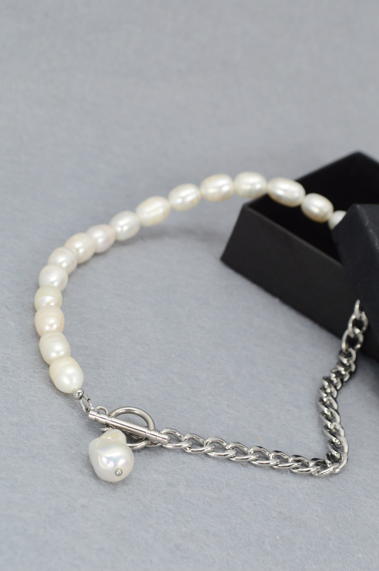 Half Pearl Half Chain Necklace | Asymmetrical Baroque Pearl Pendant | Stainless Steel & Freshwater Pearls