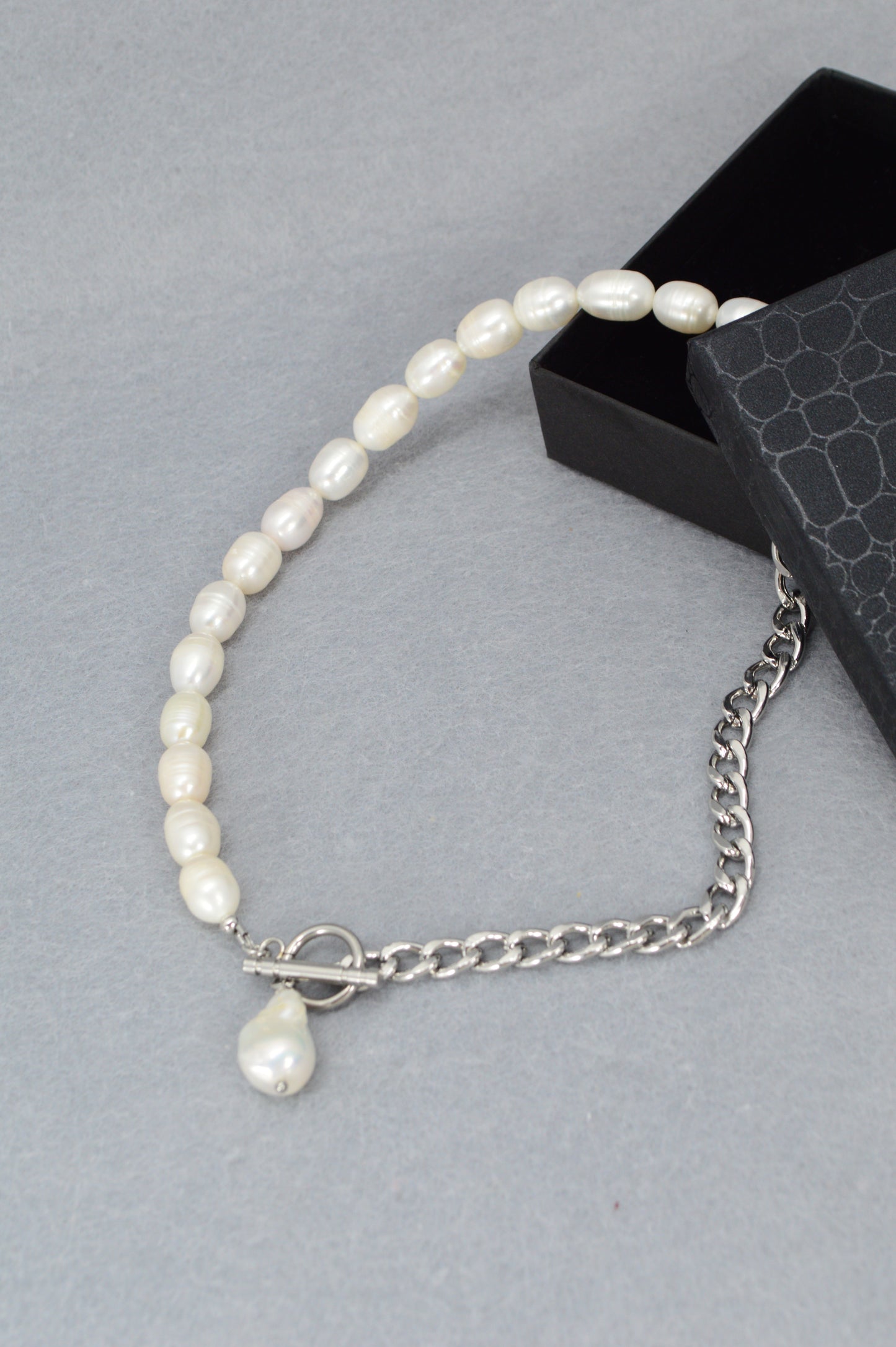 Half Pearl Half Chain Necklace | Asymmetrical Baroque Pearl Pendant | Stainless Steel & Freshwater Pearls