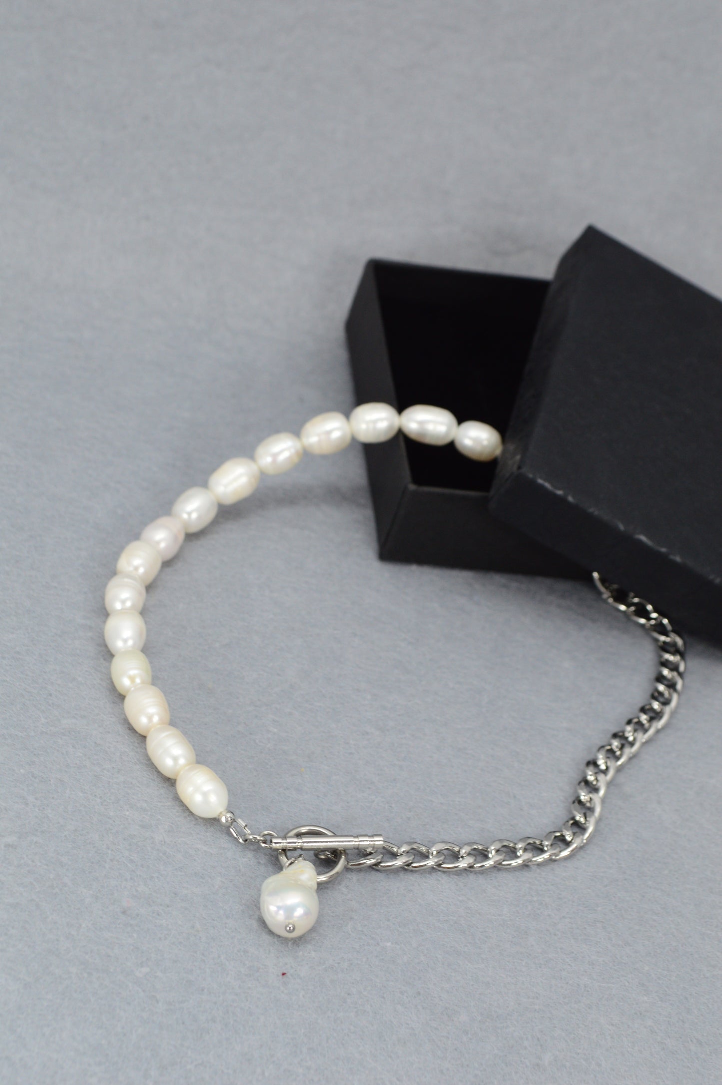 Half Pearl Half Chain Necklace | Asymmetrical Baroque Pearl Pendant | Stainless Steel & Freshwater Pearls