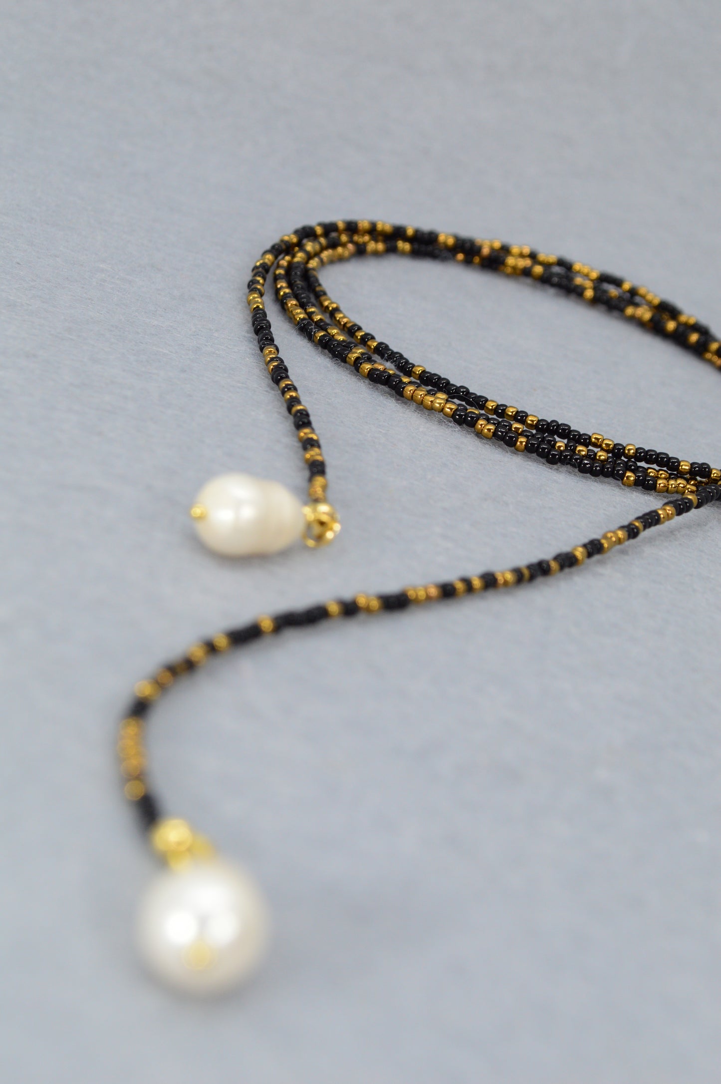 Boho Pearl Beaded Lariat Necklace – 45" Wrap Y Necklace with Pearls – Blue, Black, or Gold