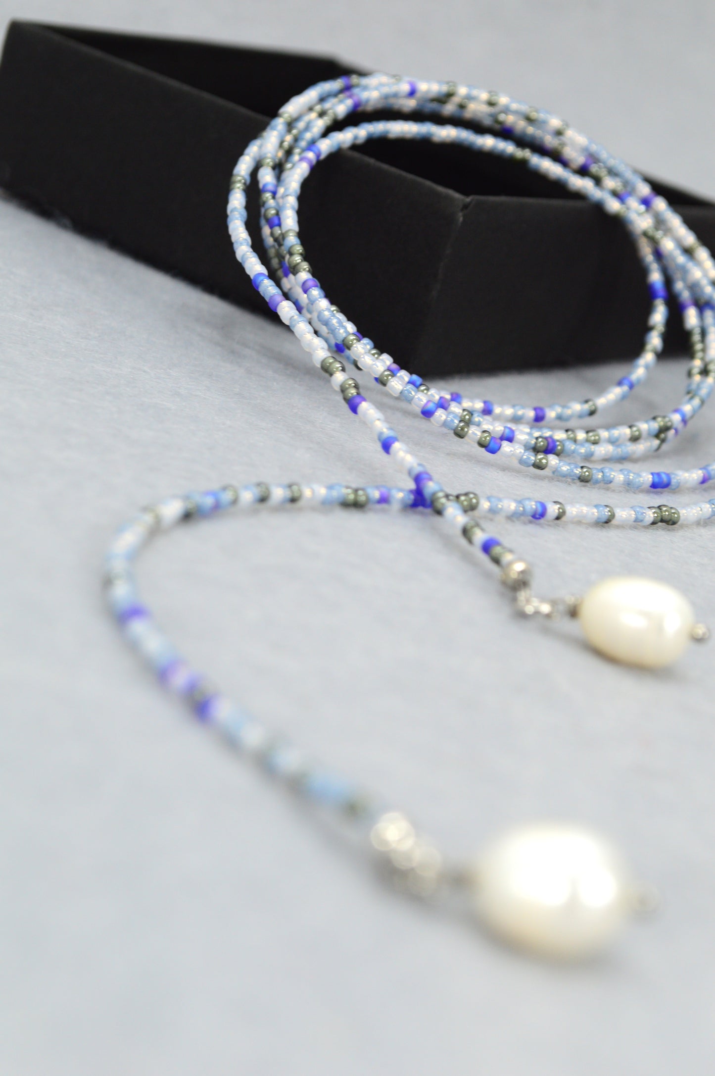 Boho Pearl Beaded Lariat Necklace – 45" Wrap Y Necklace with Pearls – Blue, Black, or Gold