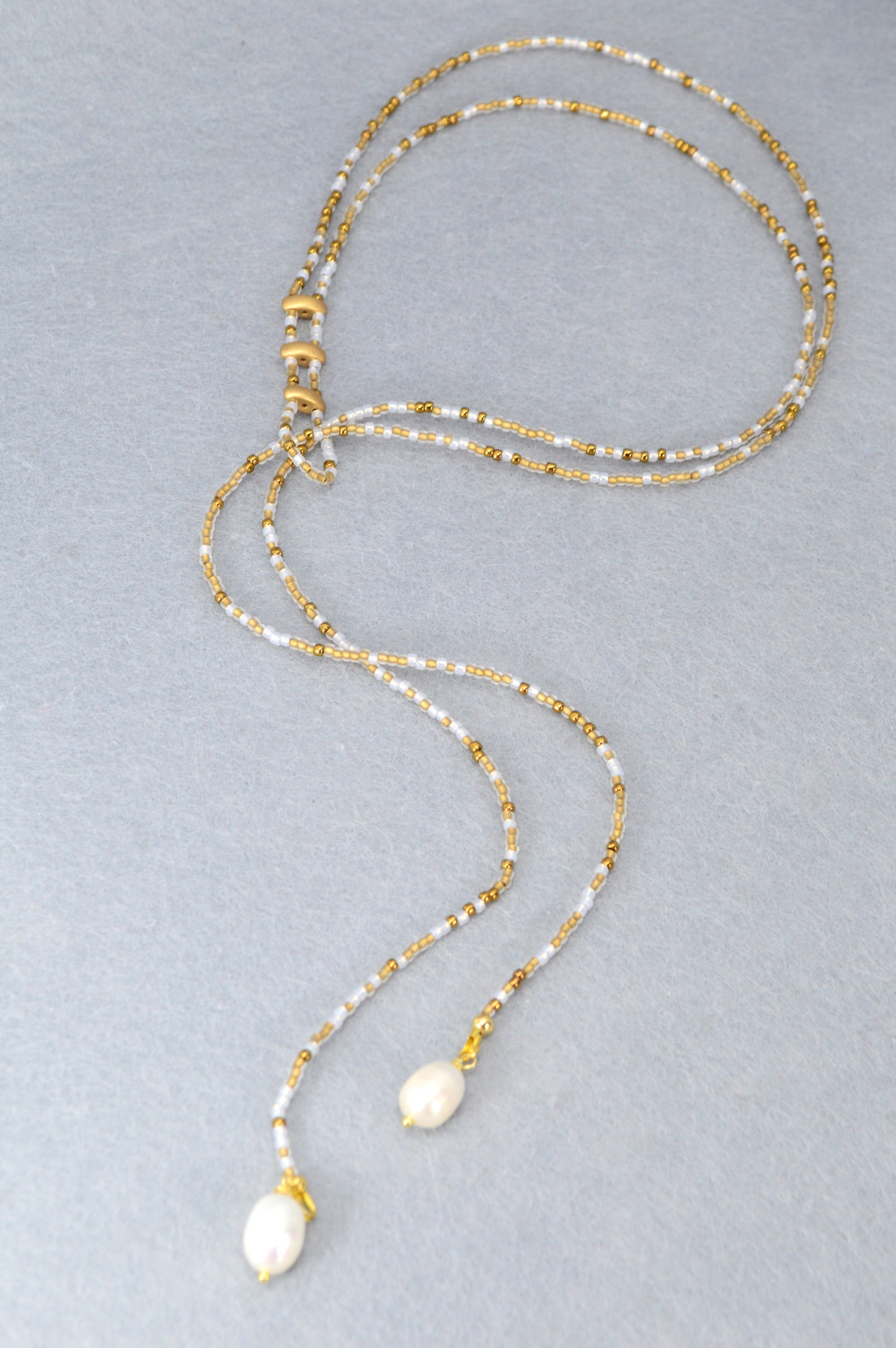 Boho White & Gold Beaded Lariat Necklace with Pearls – 38" Wrap Y Necklace