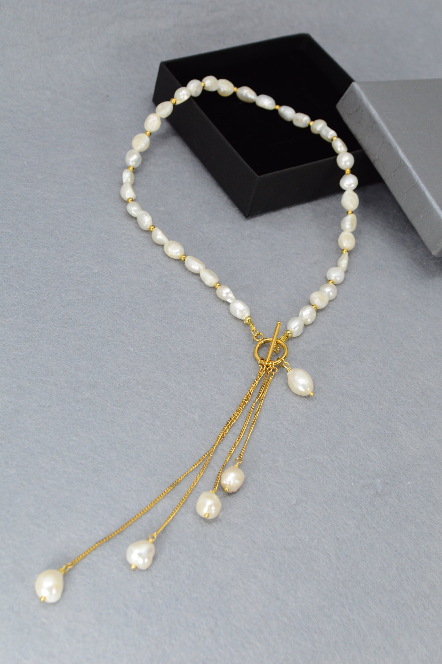 Gold Pearl Tassel Necklace | Freshwater Pearls & Stainless Steel | Toggle-Front Lariat