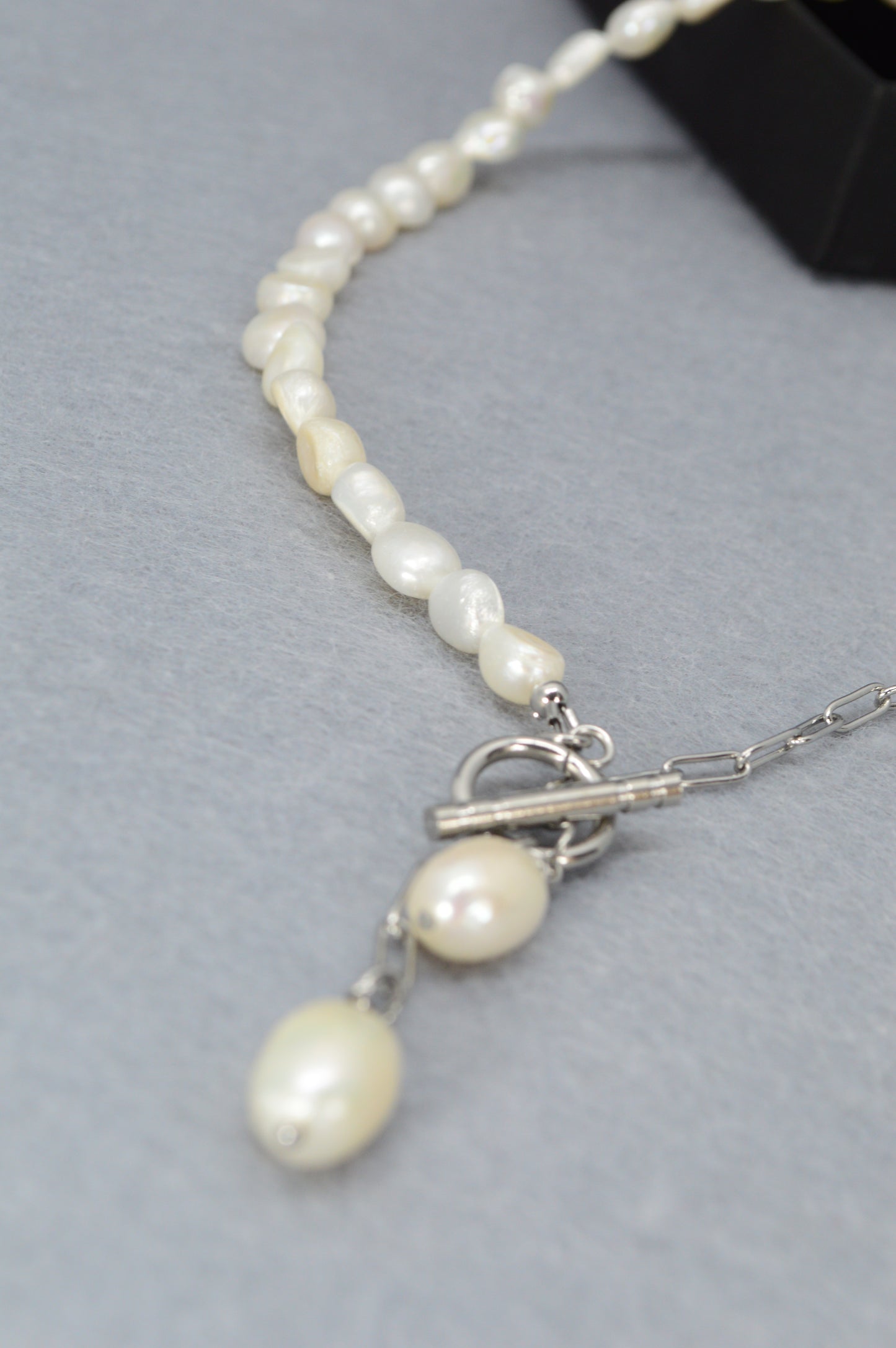 Silver Asymmetrical Pearl Necklace | Stainless Steel & Freshwater Pearls | Modern Minimalist Design