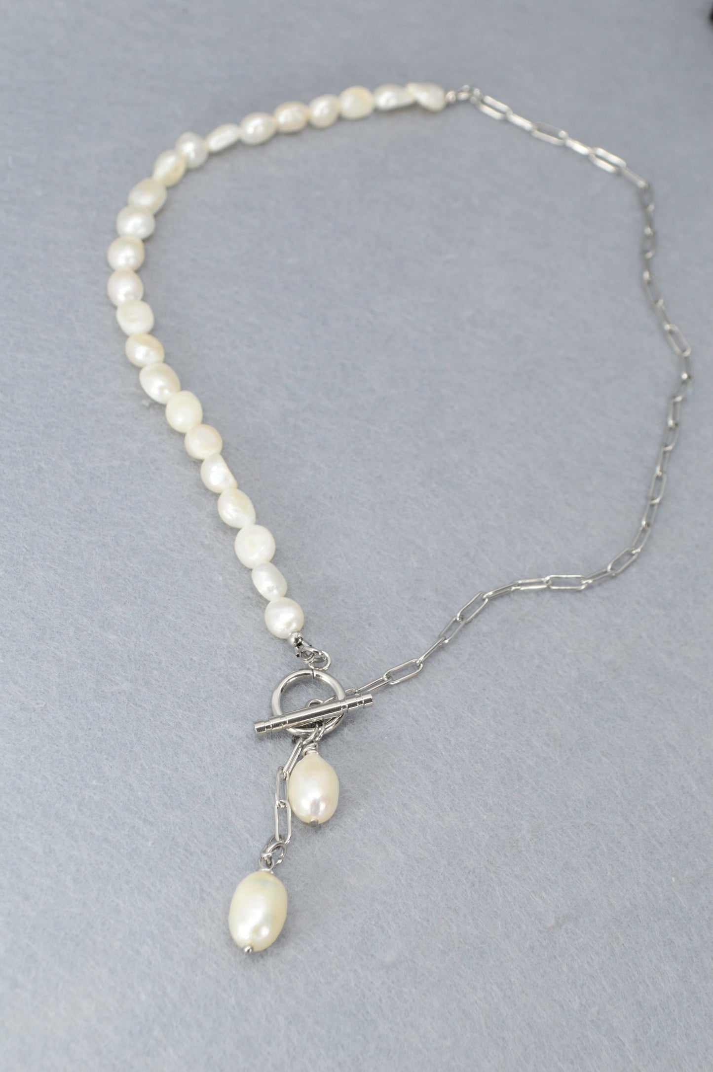 Silver Asymmetrical Pearl Necklace | Stainless Steel & Freshwater Pearls | Modern Minimalist Design