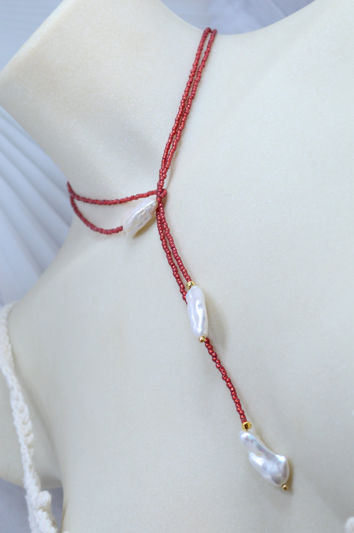 Brick Red | Baroque Pearl Beaded Wrap Lariat
