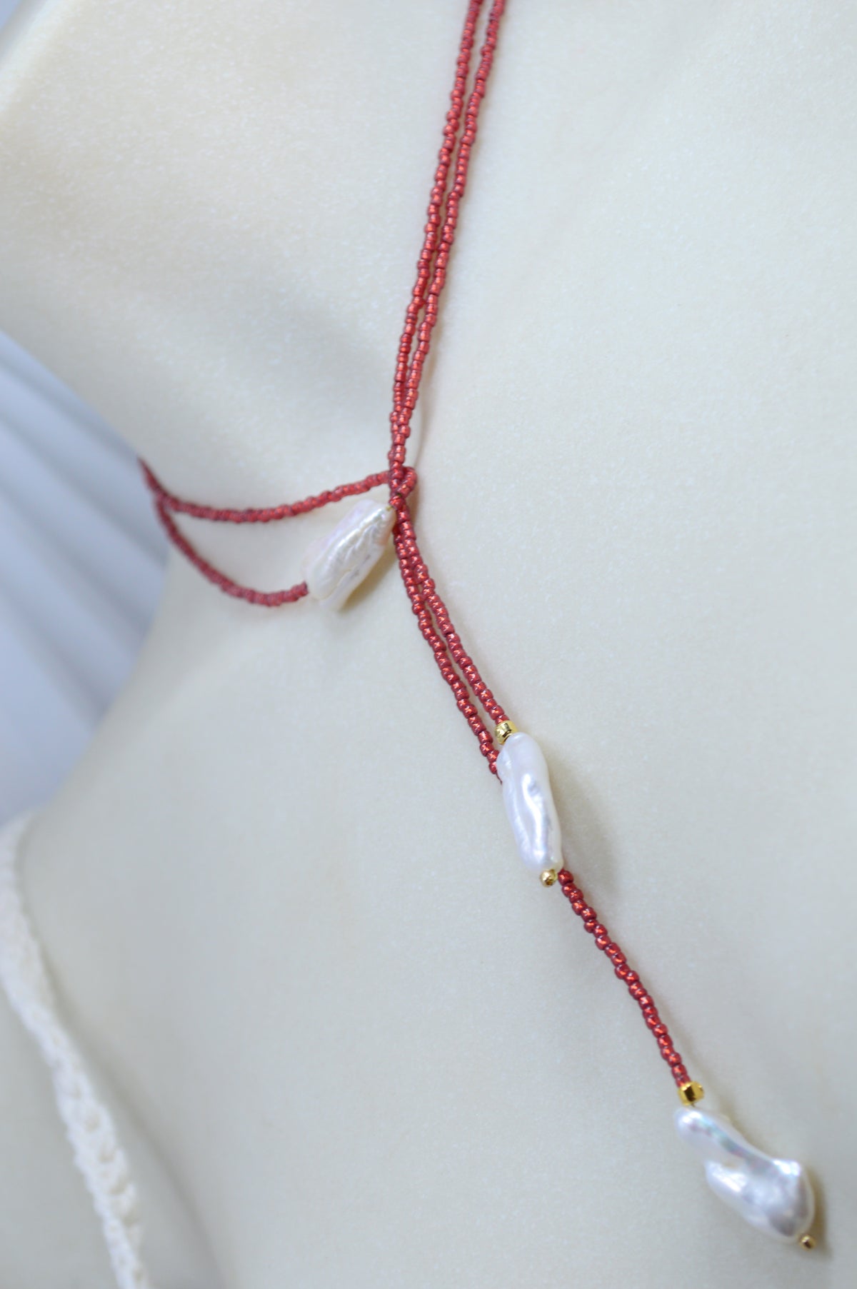 Brick Red | Baroque Pearl Beaded Wrap Lariat