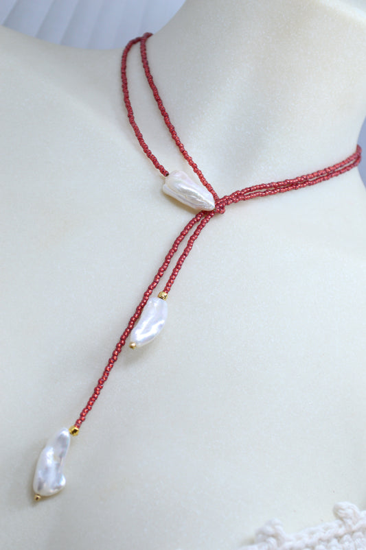 Brick Red | Baroque Pearl Beaded Wrap Lariat