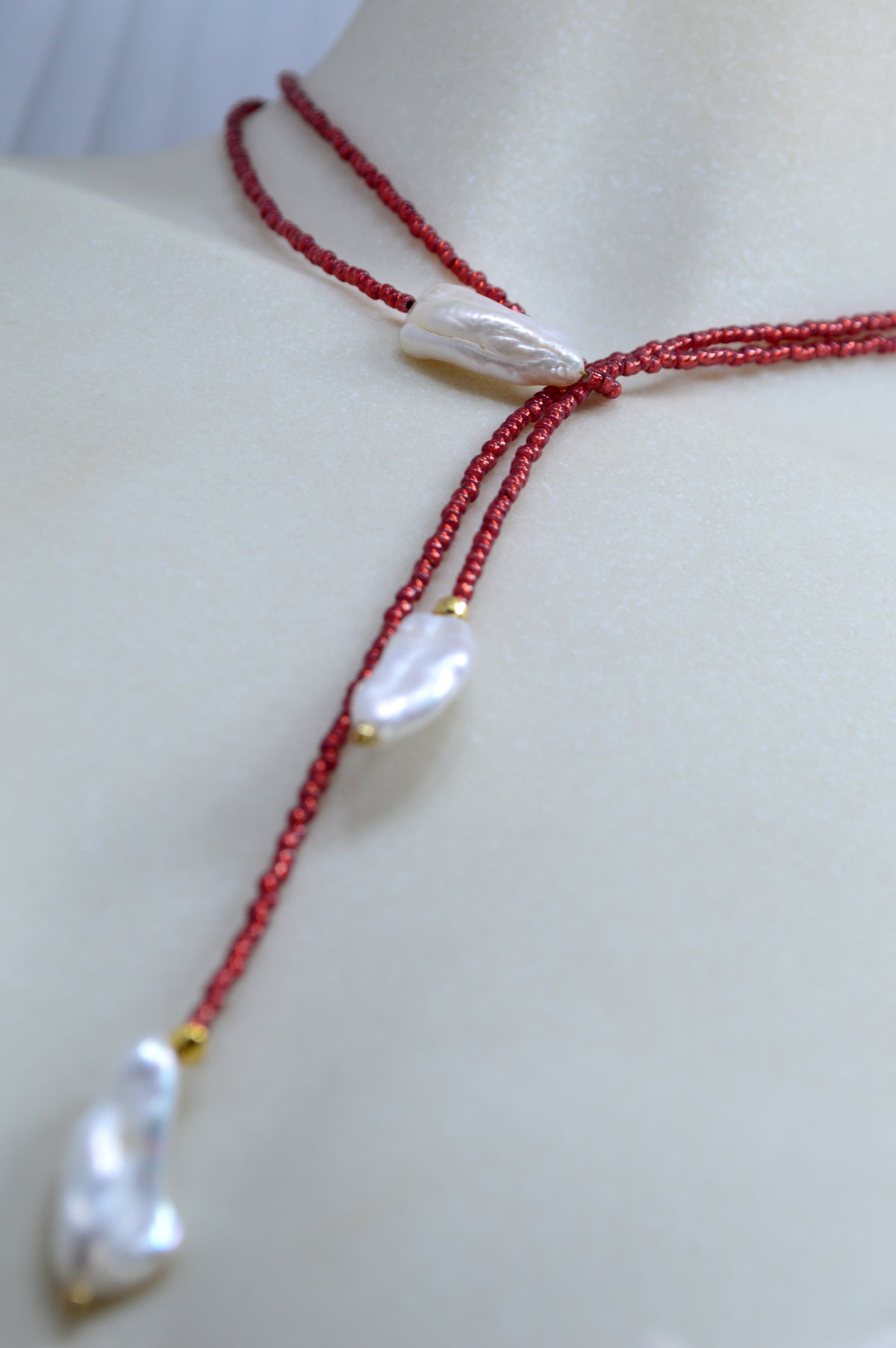Brick Red | Baroque Pearl Beaded Wrap Lariat