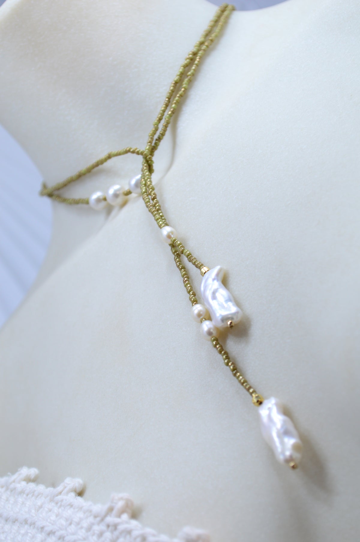 Apple Green Olive Beaded Pearl Wrap Lariat