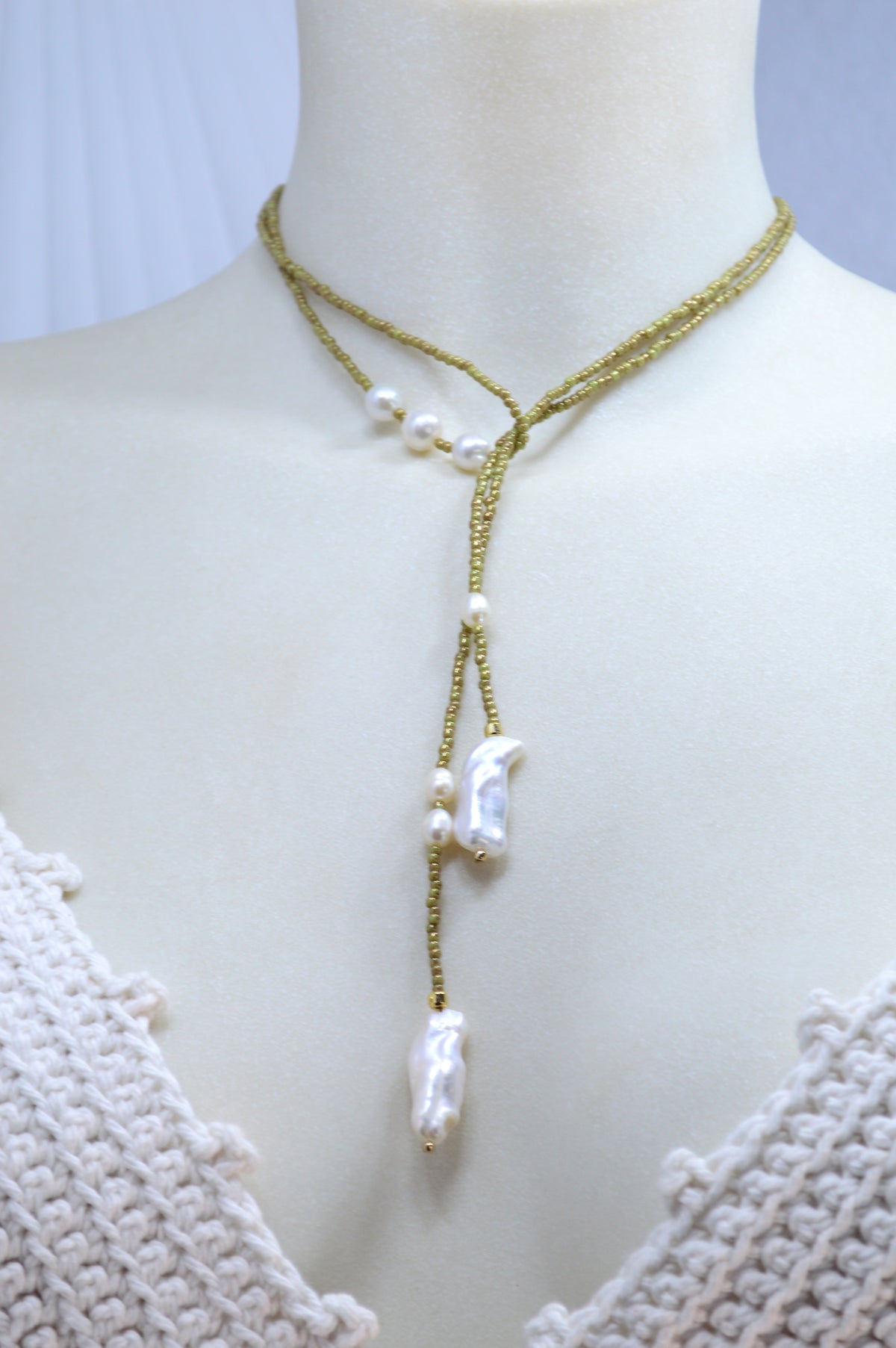 Apple Green Olive Beaded Pearl Wrap Lariat