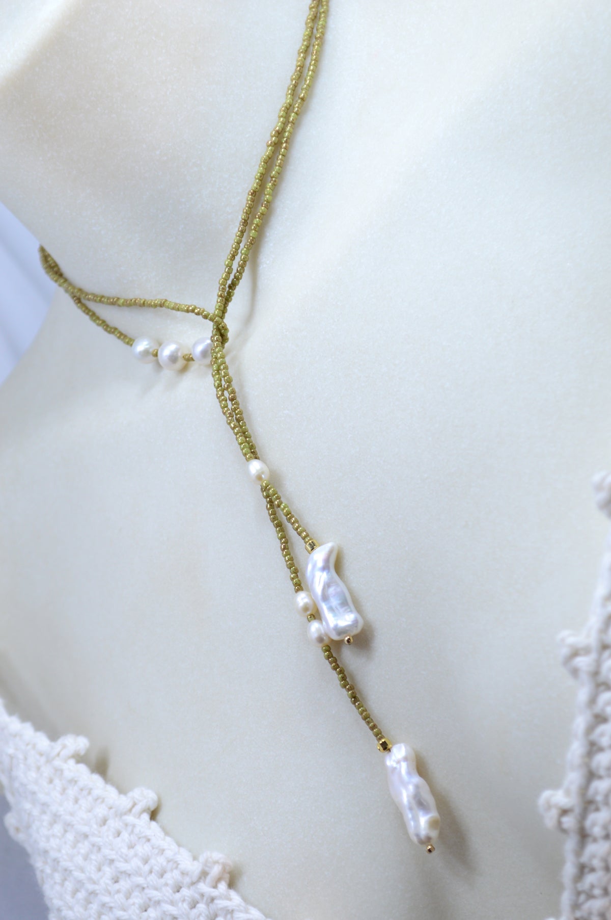 Apple Green Olive Beaded Pearl Wrap Lariat