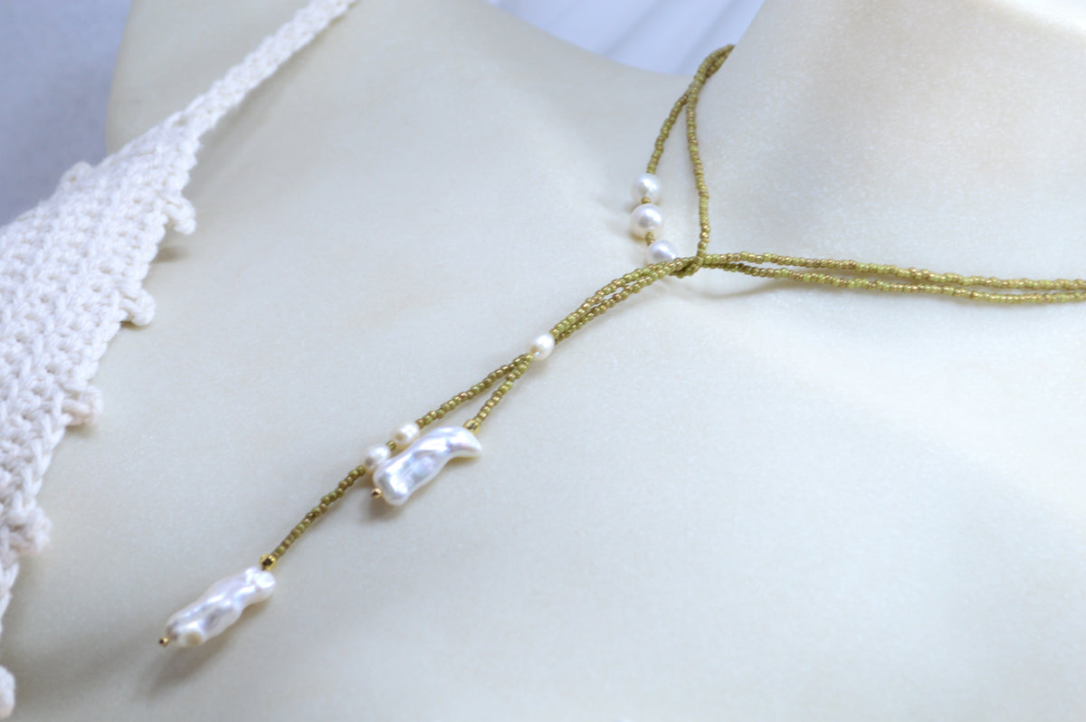 Apple Green Olive Beaded Pearl Wrap Lariat
