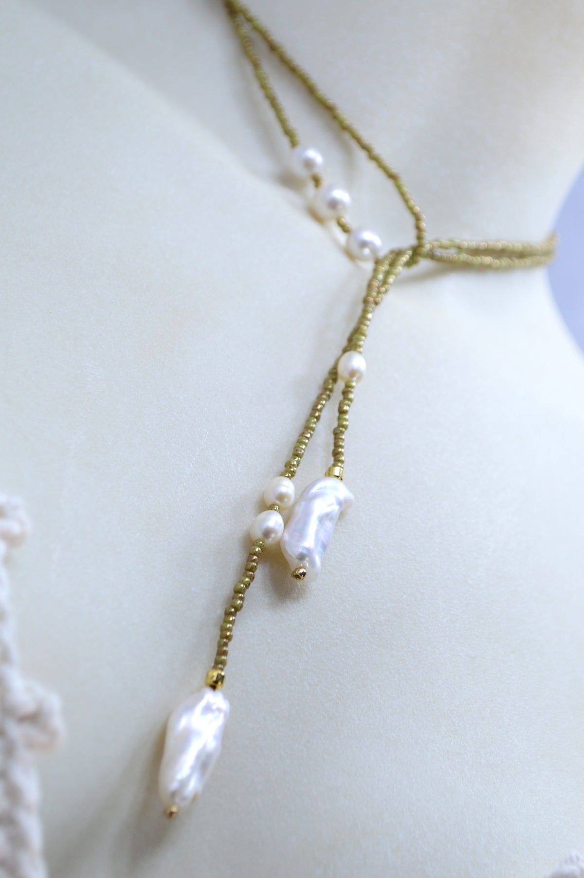 Apple Green Olive Beaded Pearl Wrap Lariat
