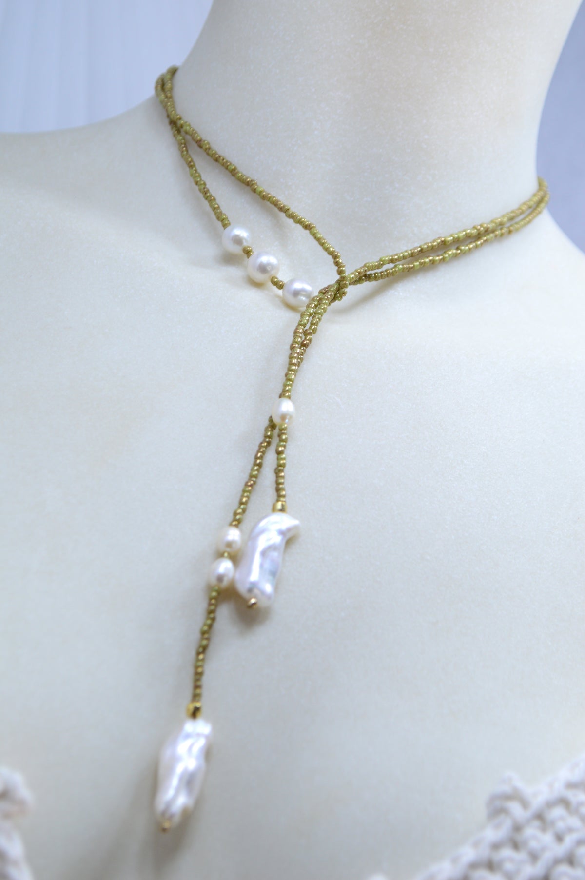 Apple Green Olive Beaded Pearl Wrap Lariat