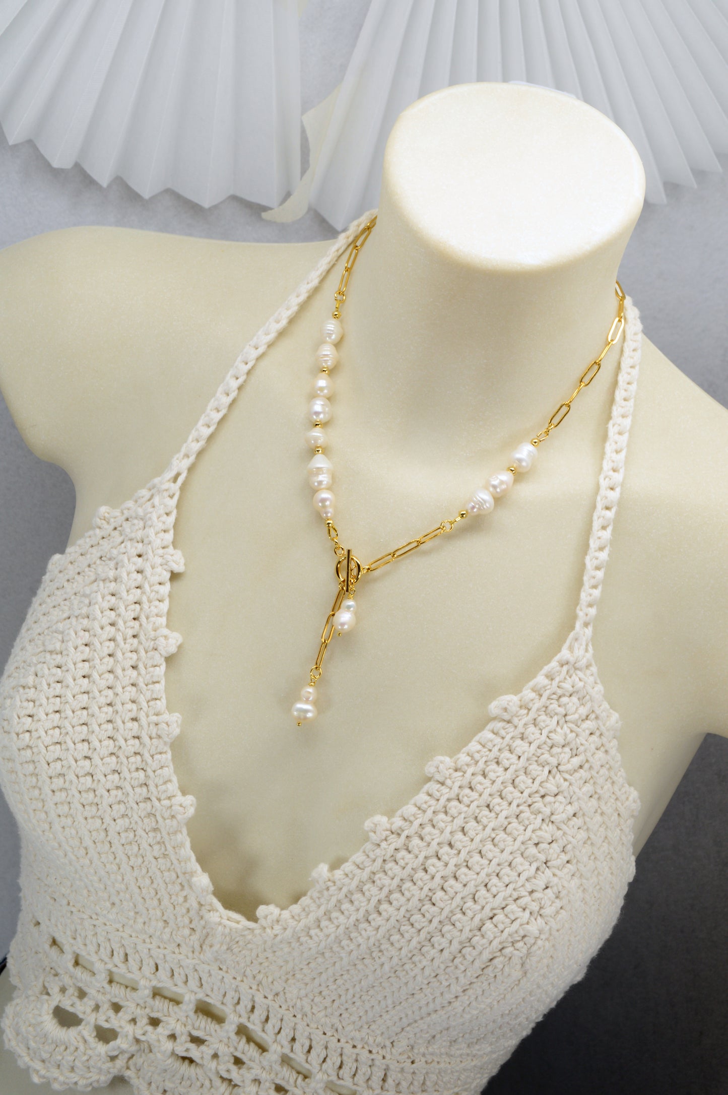 Gold Asymmetrical Pearl Necklace | Stainless Steel & Freshwater Pearls | Modern Baroque