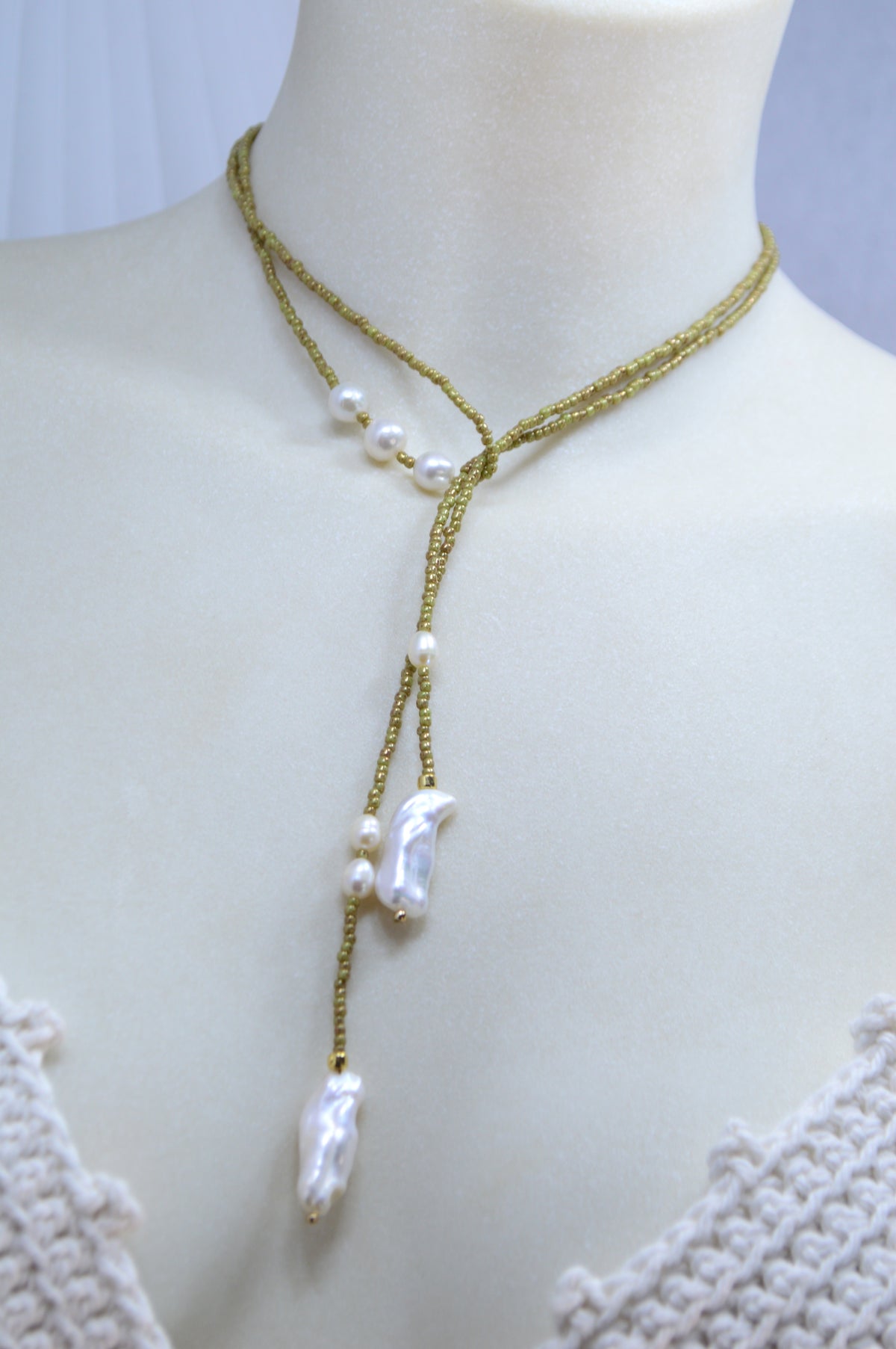 Apple Green Olive Beaded Pearl Wrap Lariat