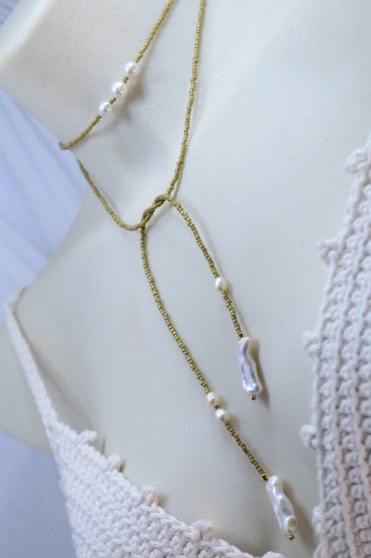 Apple Green Olive Beaded Pearl Wrap Lariat