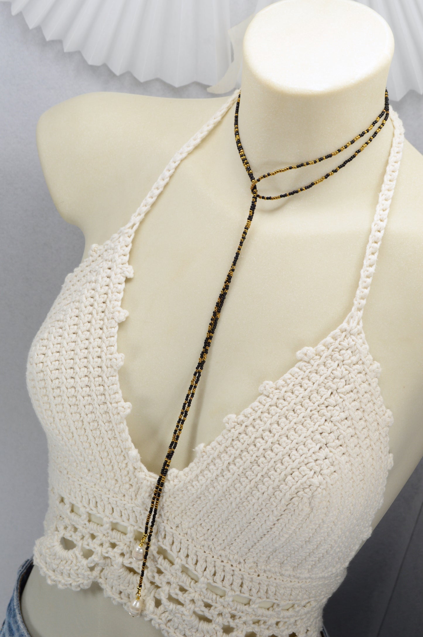 Boho Pearl Beaded Lariat Necklace – 45" Wrap Y Necklace with Pearls – Blue, Black, or Gold
