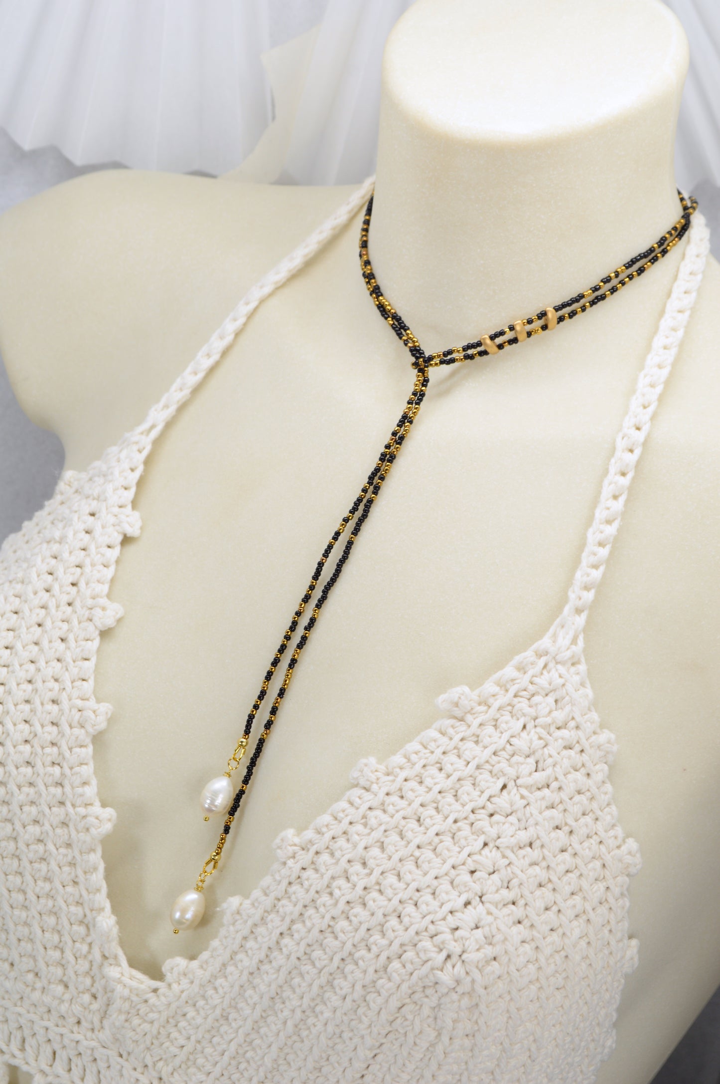 Boho Black & Gold Beaded Lariat Necklace with Pearls – 38" Wrap Y Necklace