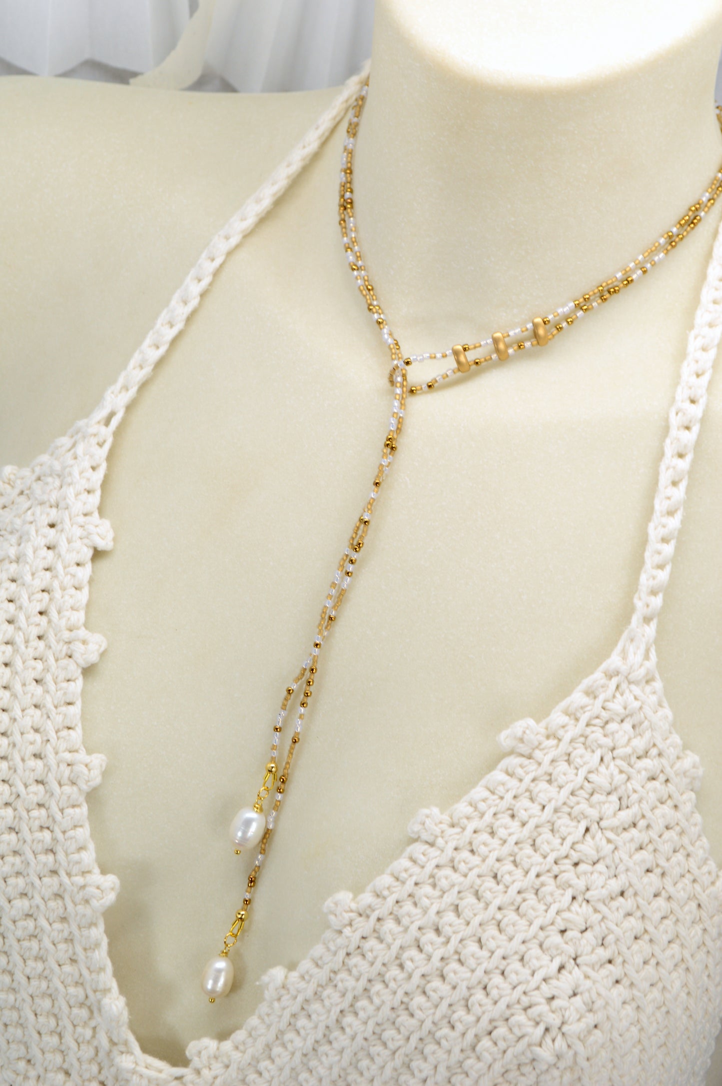 Boho White & Gold Beaded Lariat Necklace with Pearls – 38" Wrap Y Necklace